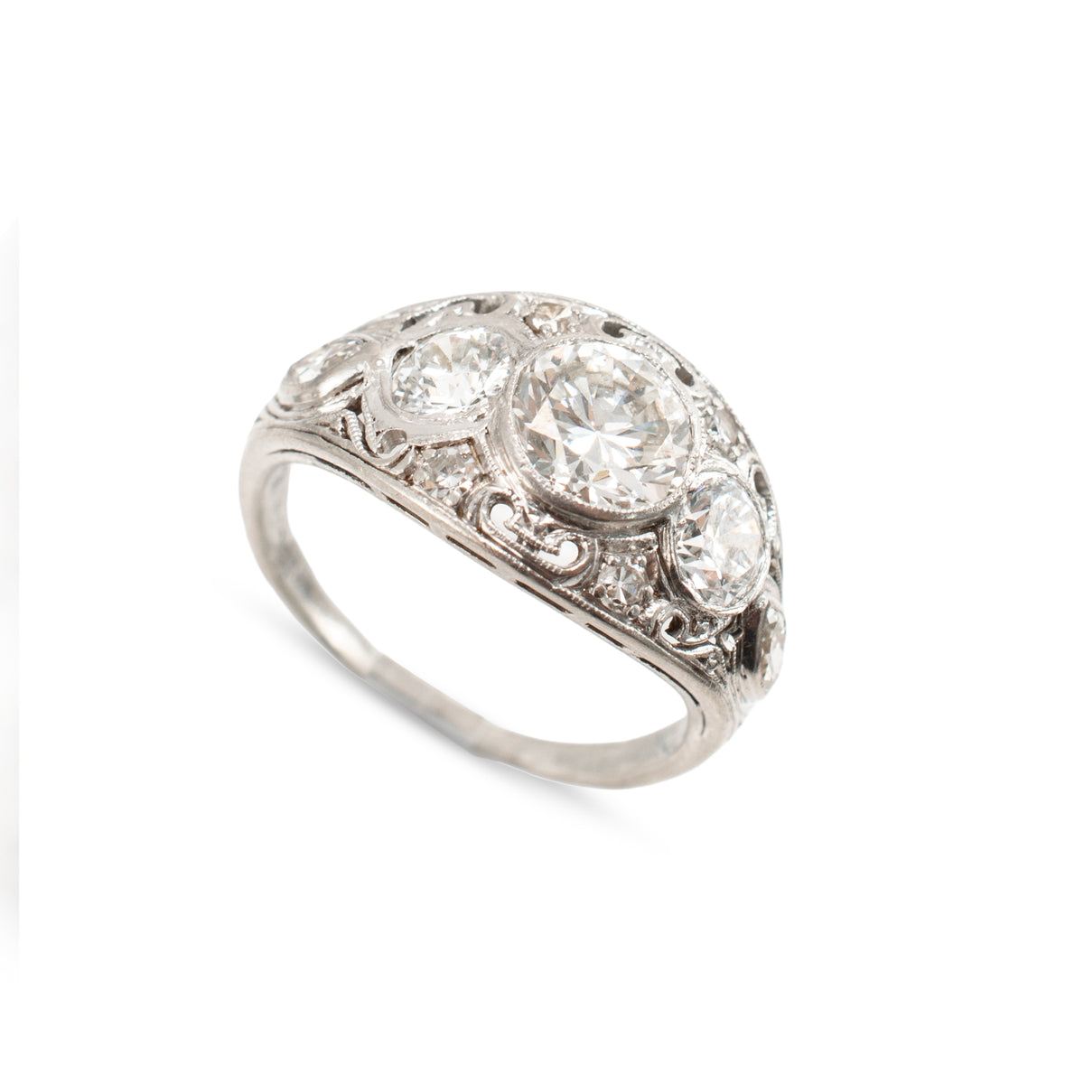 Antique Edwardian Platinum 2.34ctw Old Euro Diamond Three-Stone Engagement Ring