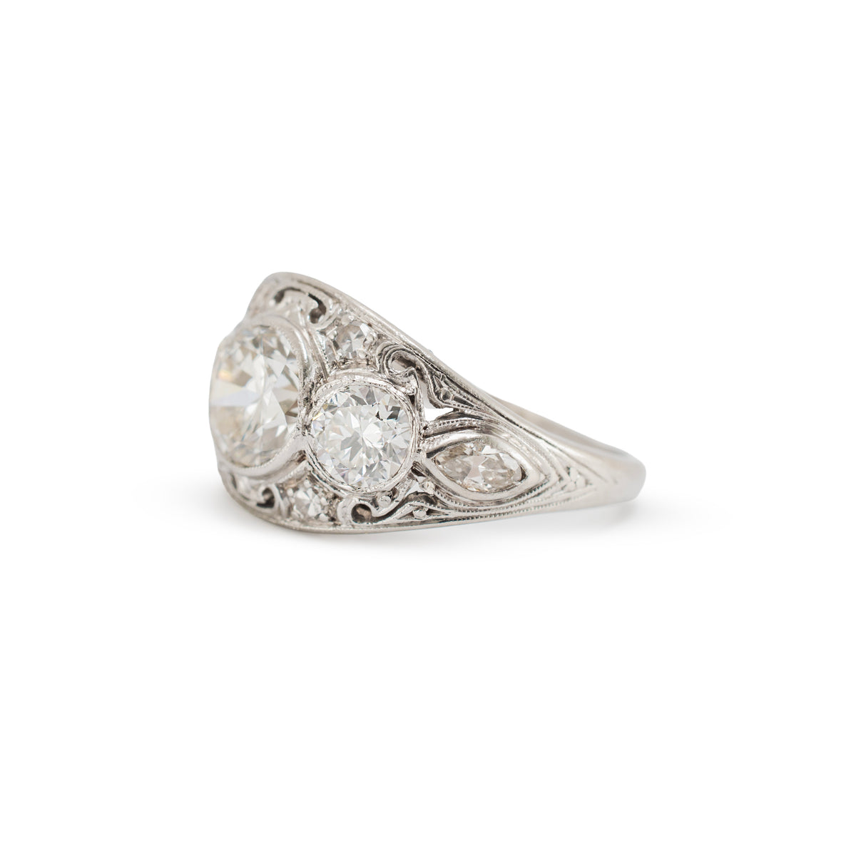 Antique Edwardian Platinum 2.34ctw Old Euro Diamond Three-Stone Engagement Ring