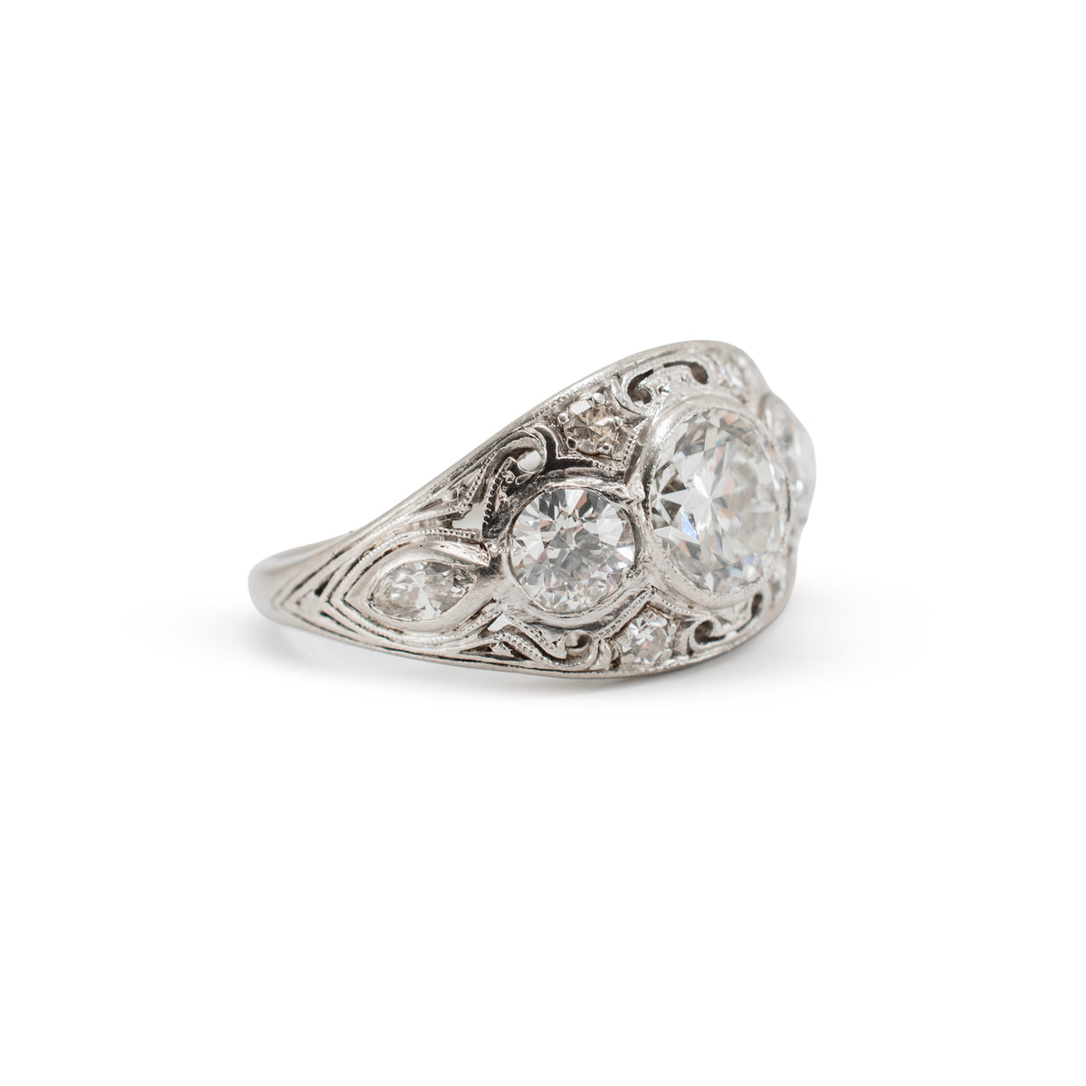 Antique Edwardian Platinum 2.34ctw Old Euro Diamond Three-Stone Engagement Ring