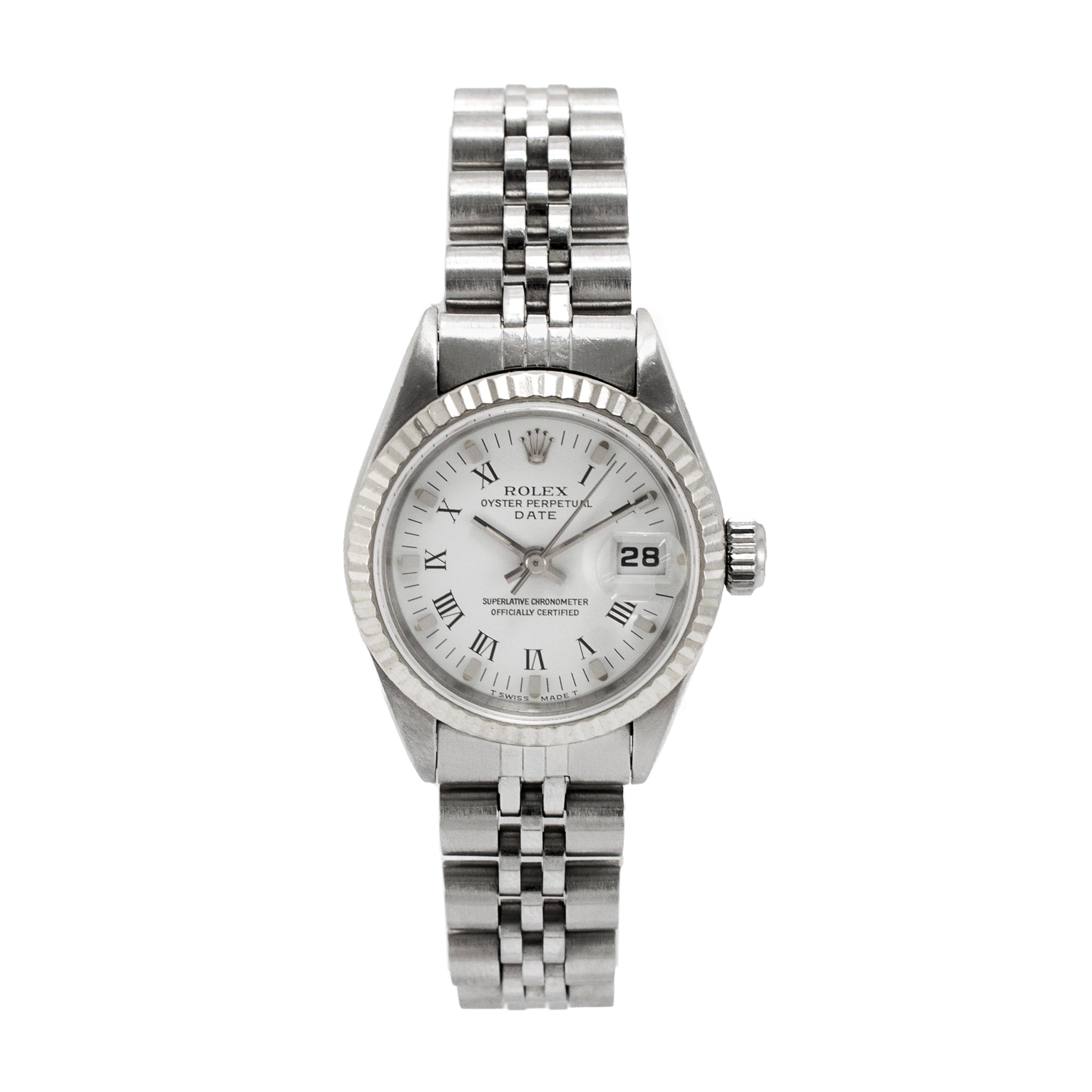 Ladies Rolex Oyster Perpetual Date 26MM 6919 White Roman Jubilee Steel Watch