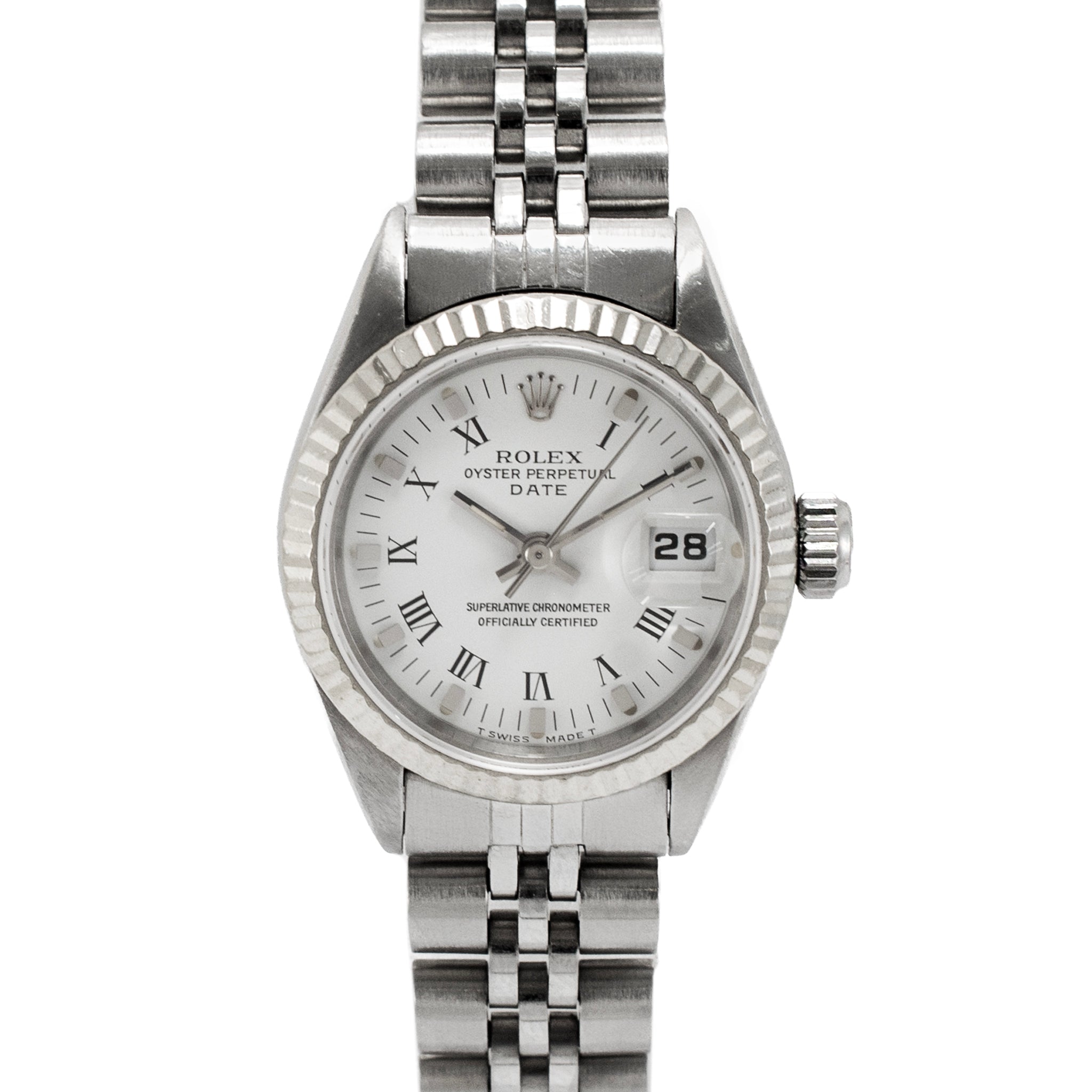 Ladies Rolex Oyster Perpetual Date 26MM 6919 White Roman Jubilee Steel Watch