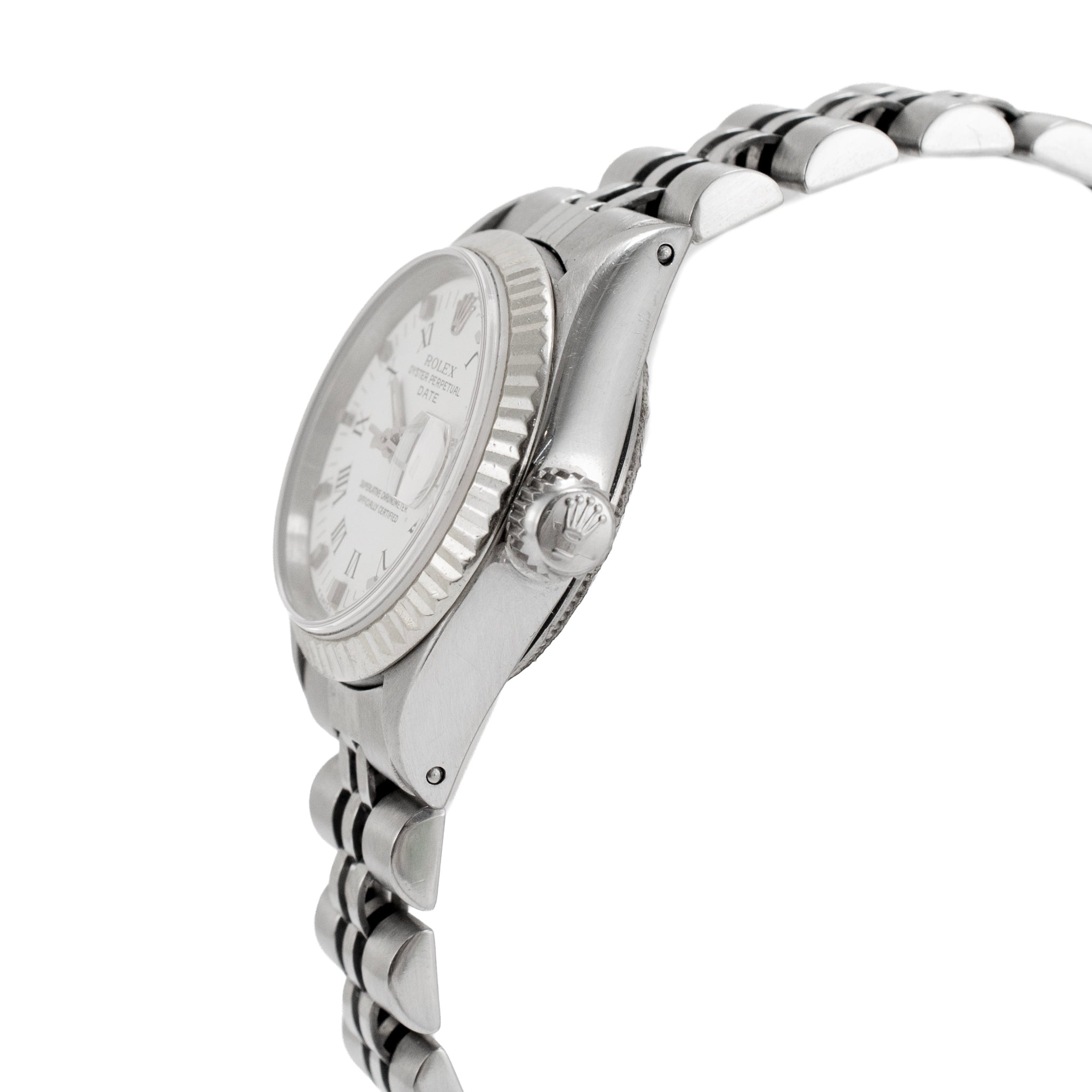 Ladies Rolex Oyster Perpetual Date 26MM 6919 White Roman Jubilee Steel Watch