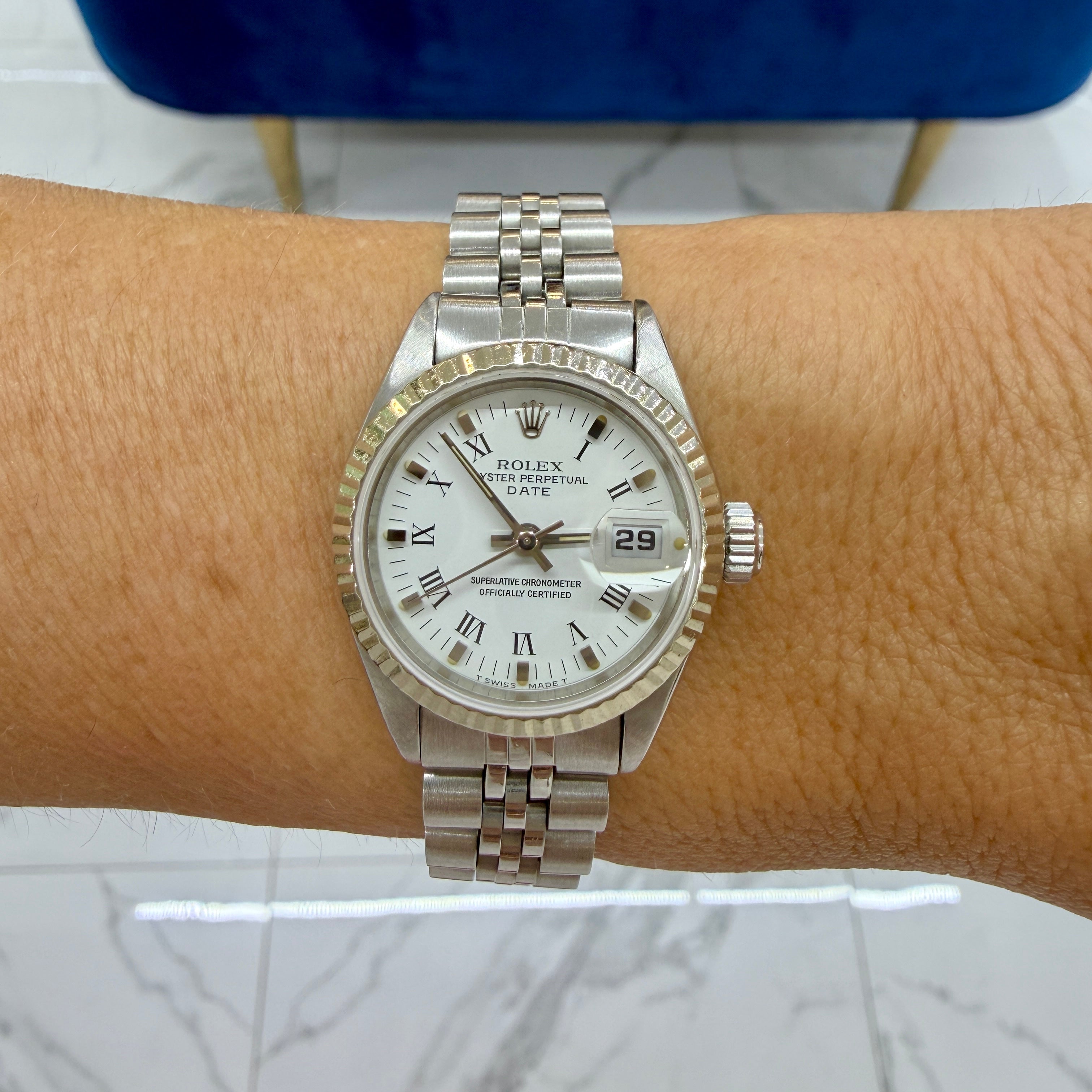 Ladies Rolex Oyster Perpetual Date 26MM 6919 White Roman Jubilee Steel Watch