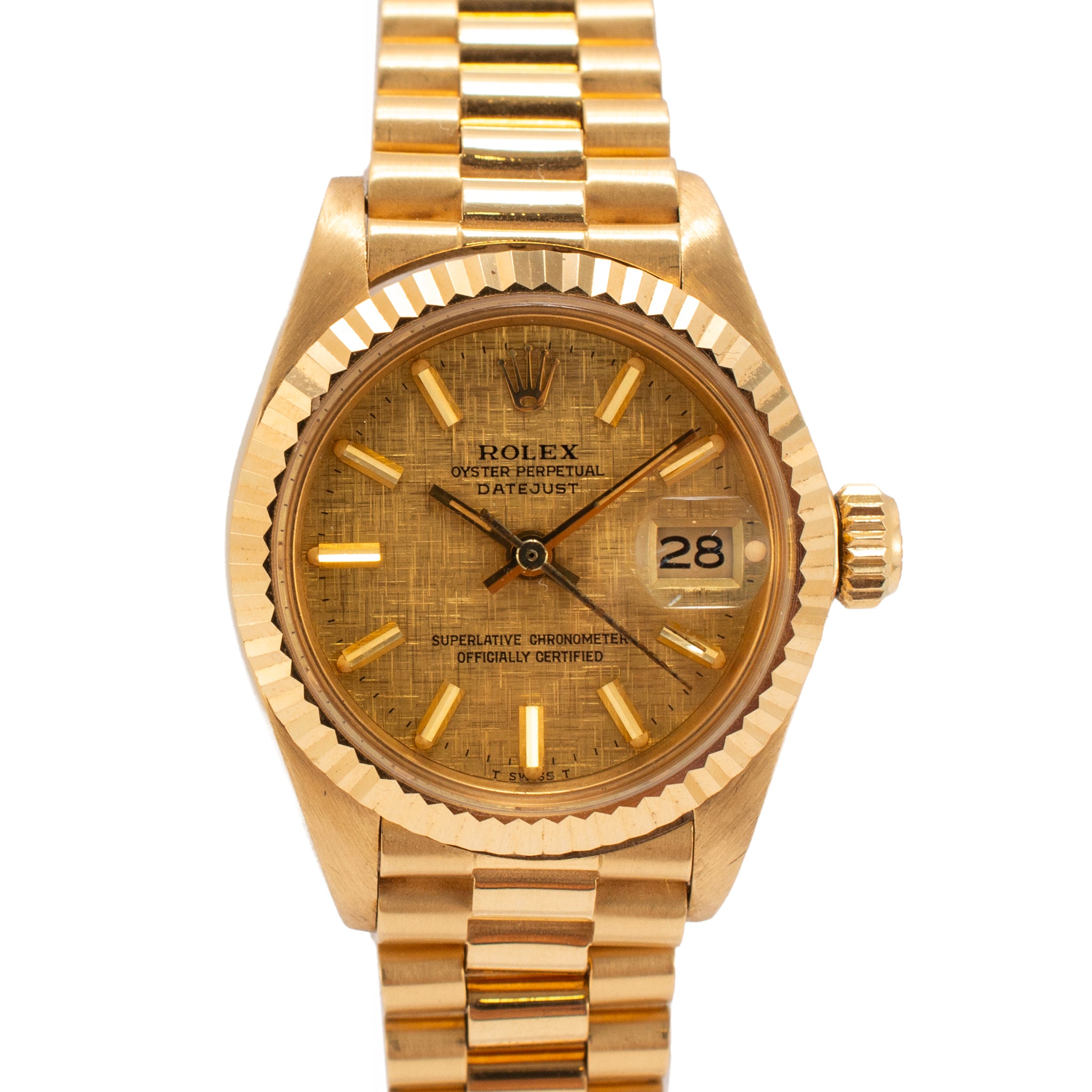 Vintage Ladies Rolex Datejust 26MM 6917 Linen Dial 18K Yellow Gold Watch