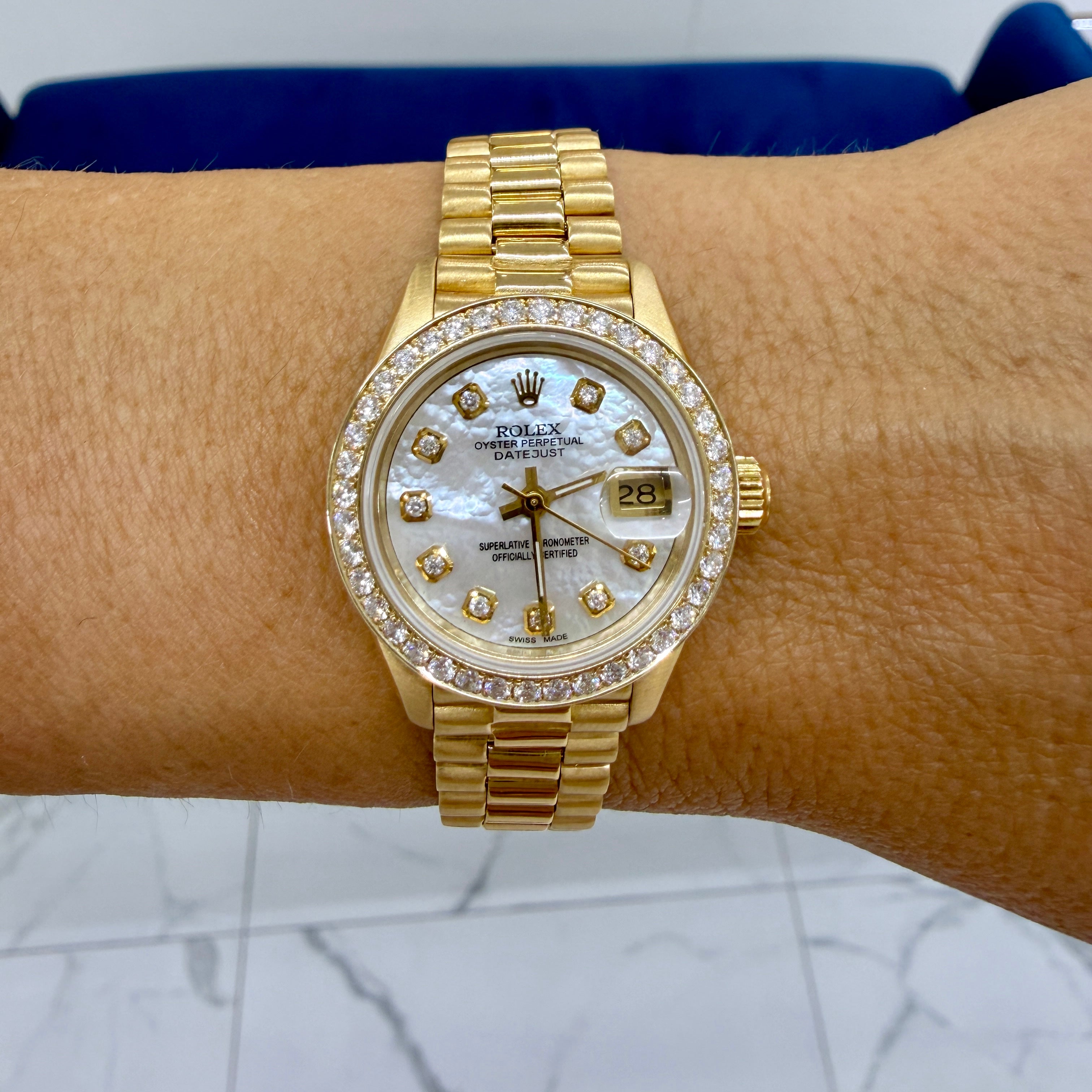 Ladies Rolex Datejust 26MM 69178 Mop Diamond Presidential 18K Yellow Gold Watch
