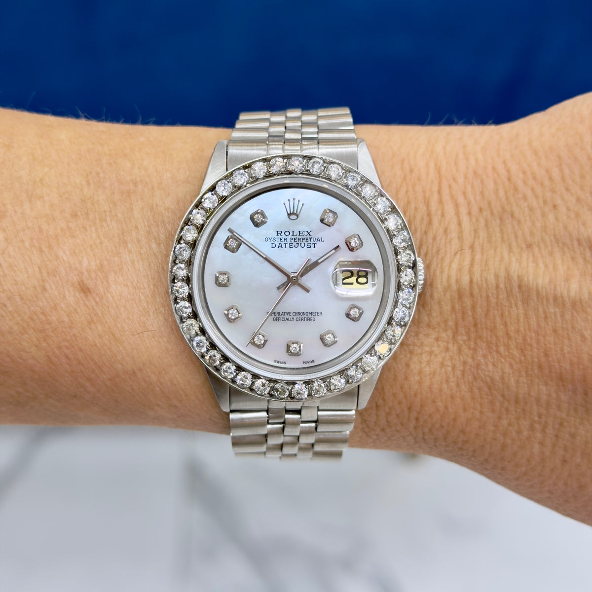 Rolex Datejust 36MM 1601 Mop Dial Diamond Bezel Jubilee Steel Watch