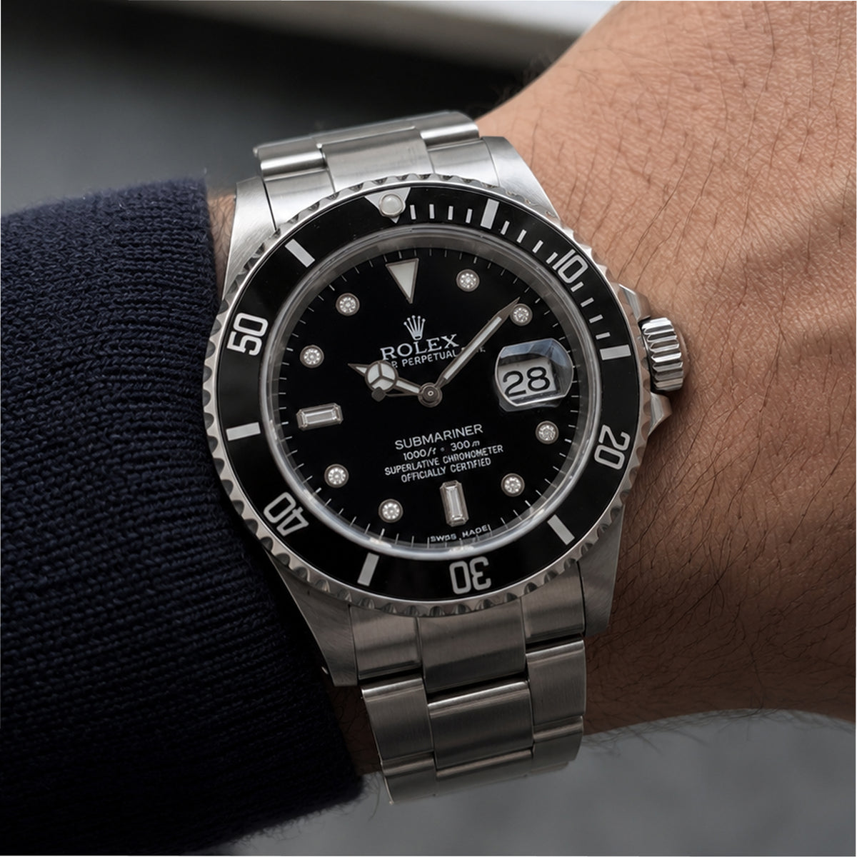 Rolex Submariner Date 40MM 16610 Black Diamond Dial Oyster Stainless Steel Watch