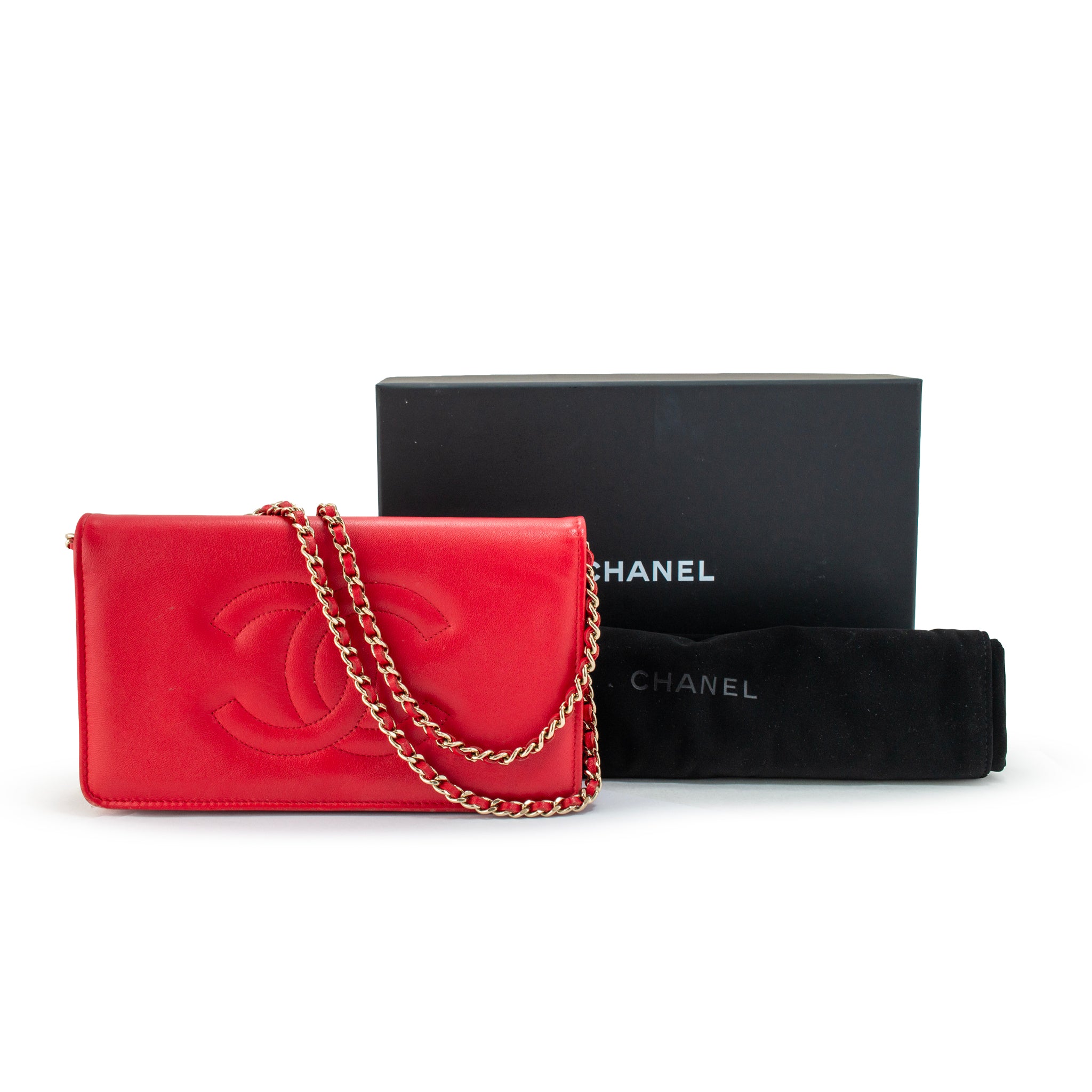 Chanel Red CC Timeless Lambskin Gold Hardware w.o.c Shoulder Chain Wallet