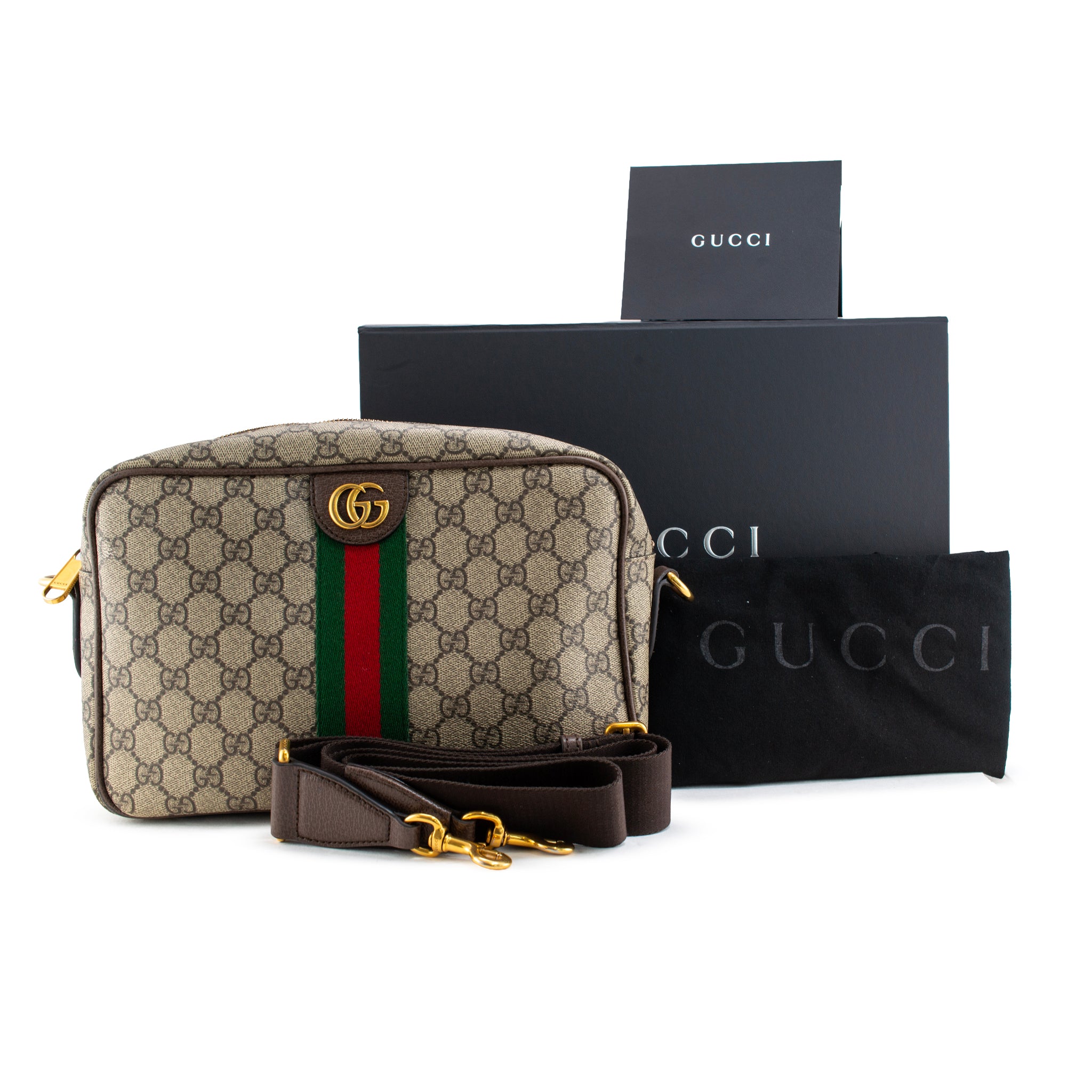 Gucci Ophidia Medium Beige Gg Supreme Canvas Web Stripe Crossbody Bag