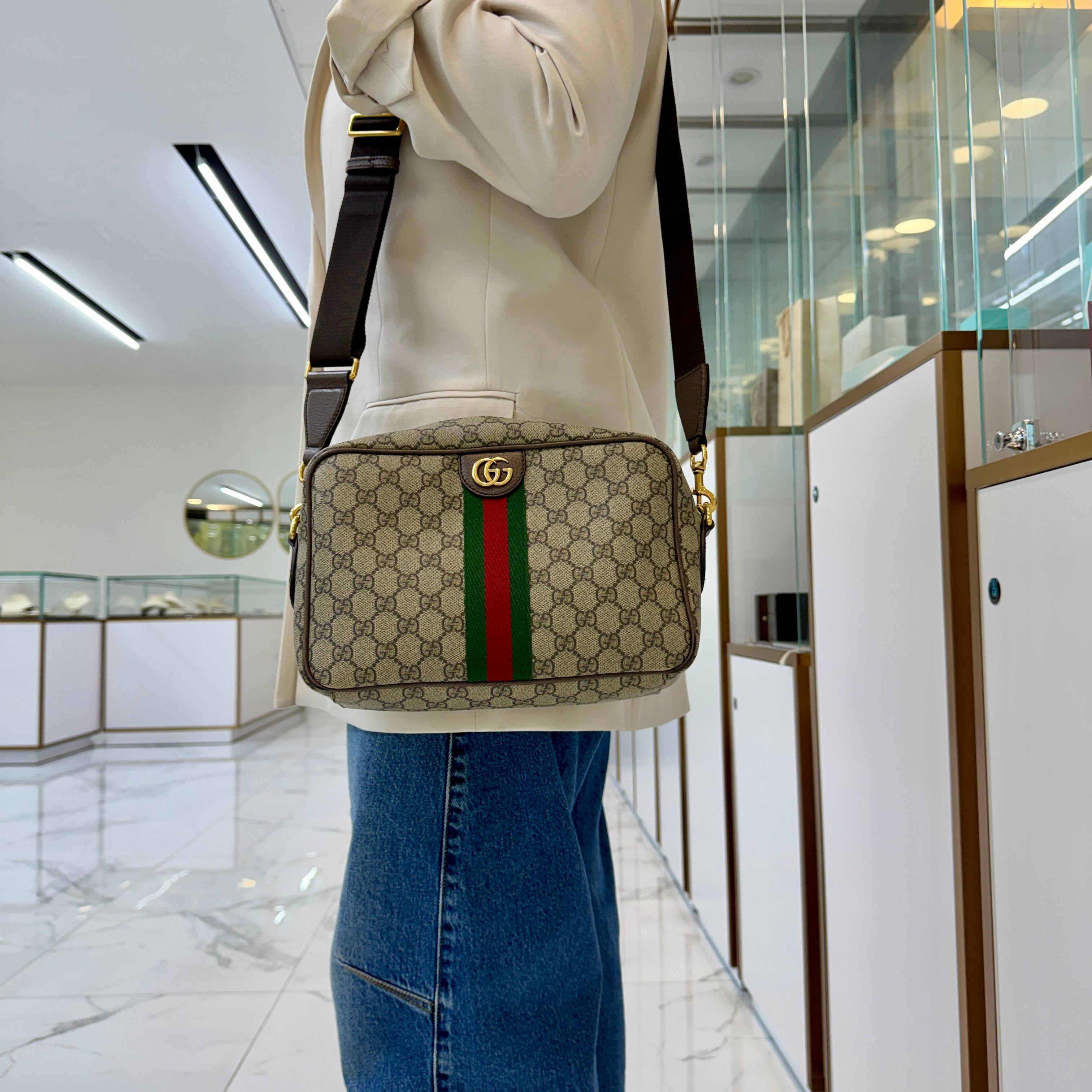 Gucci Ophidia Medium Beige Gg Supreme Canvas Web Stripe Crossbody Bag