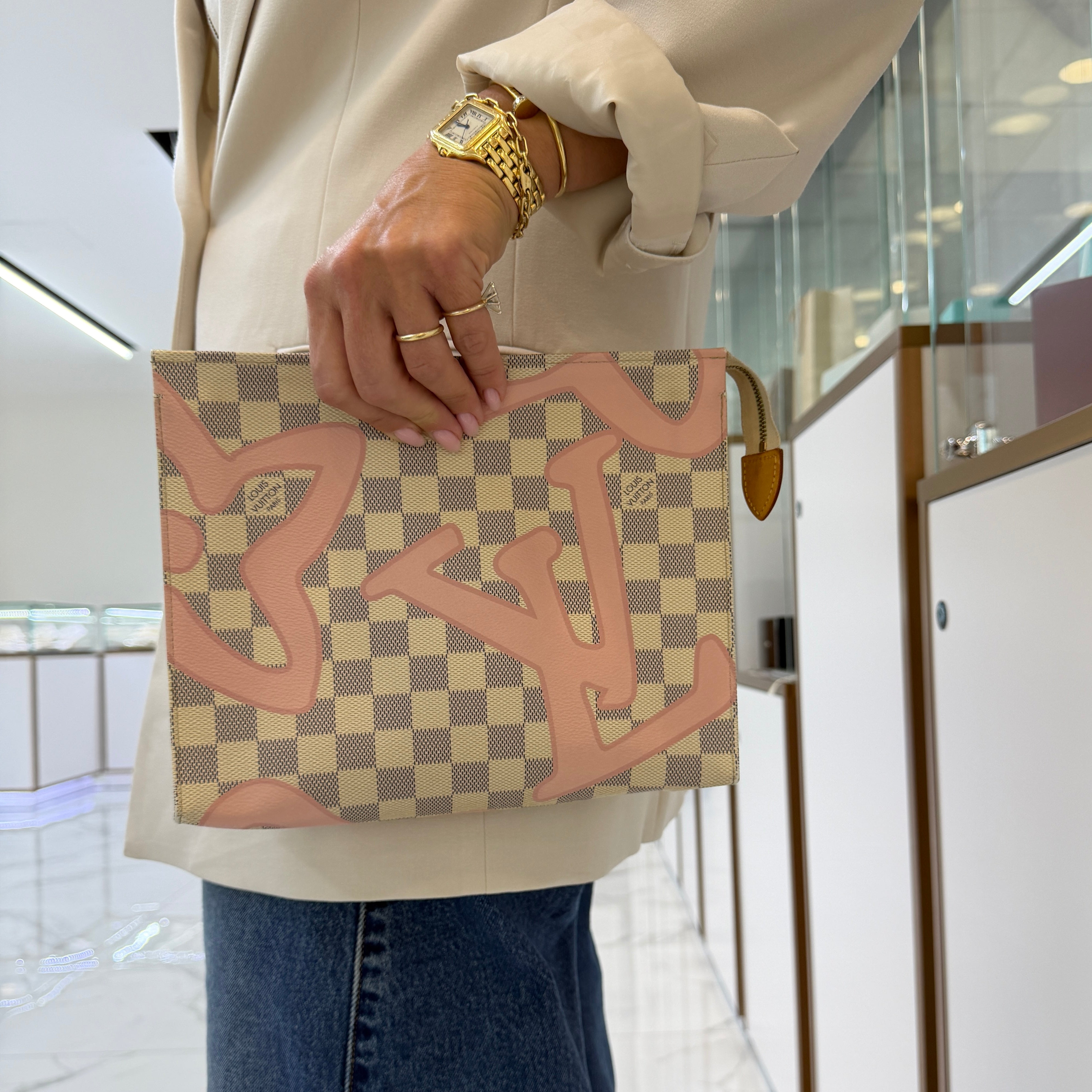 Louis Vuitton Damier Azur Tahitienne 26 Toiletry Pink Pochette Clutch Bag