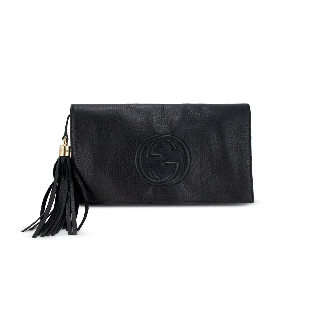 Gucci Soho Gg Black Pebbled Calfskin Leather Tassel Flap Clutch Bag