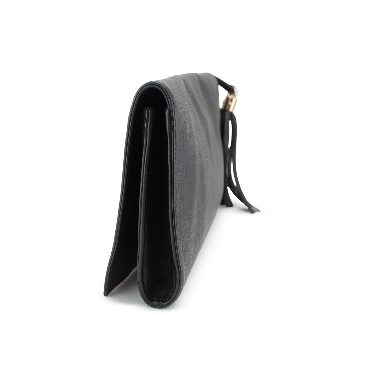 Gucci Soho Gg Black Pebbled Calfskin Leather Tassel Flap Clutch Bag