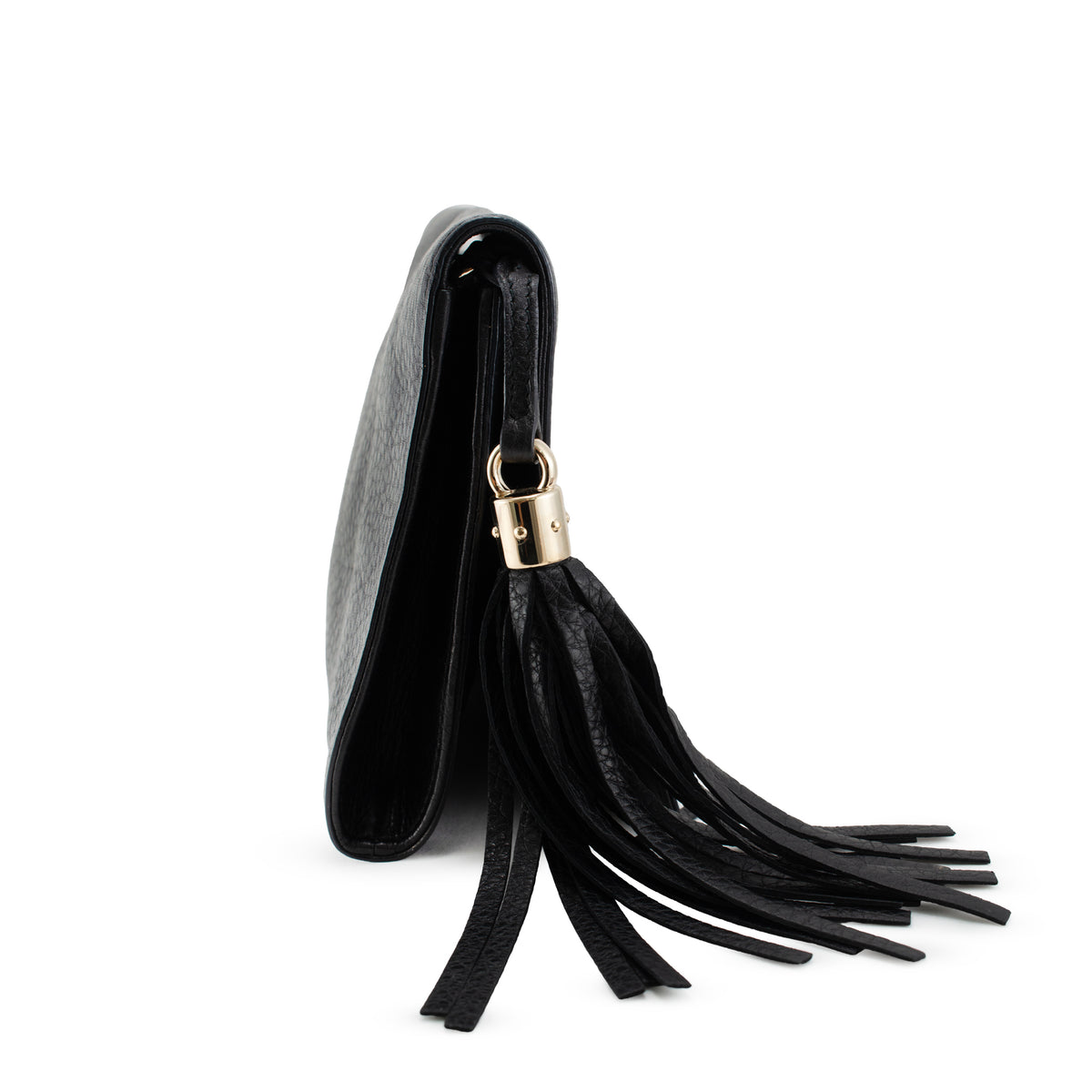 Gucci Soho Gg Black Pebbled Calfskin Leather Tassel Flap Clutch Bag