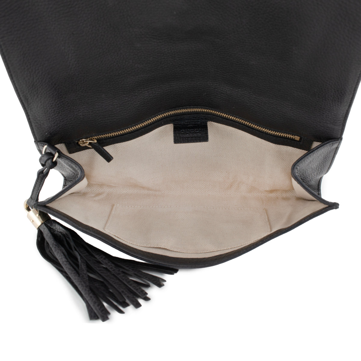 Gucci Soho Gg Black Pebbled Calfskin Leather Tassel Flap Clutch Bag