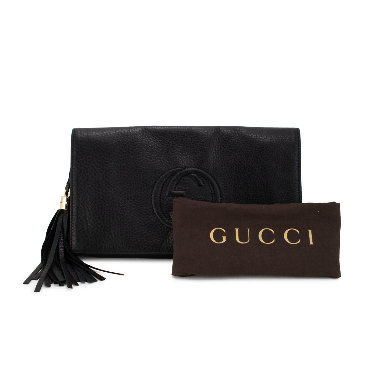 Gucci Soho Gg Black Pebbled Calfskin Leather Tassel Flap Clutch Bag