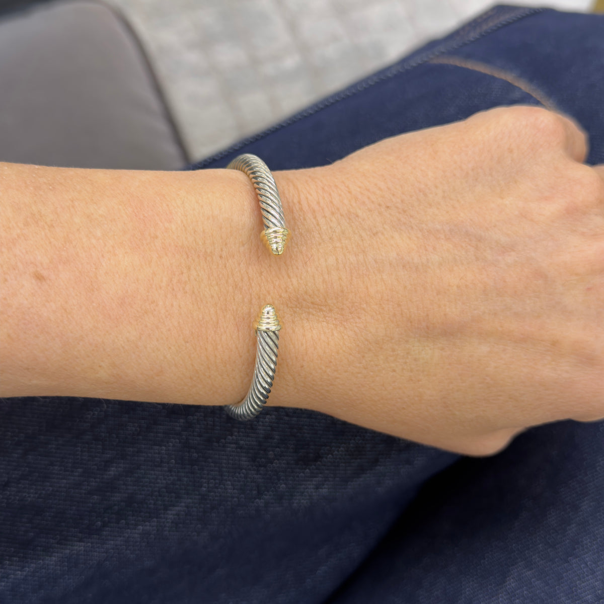 David Yurman Classic Cable Dome Silver & Yellow Gold 5MM Cuff Bangle Bracelet