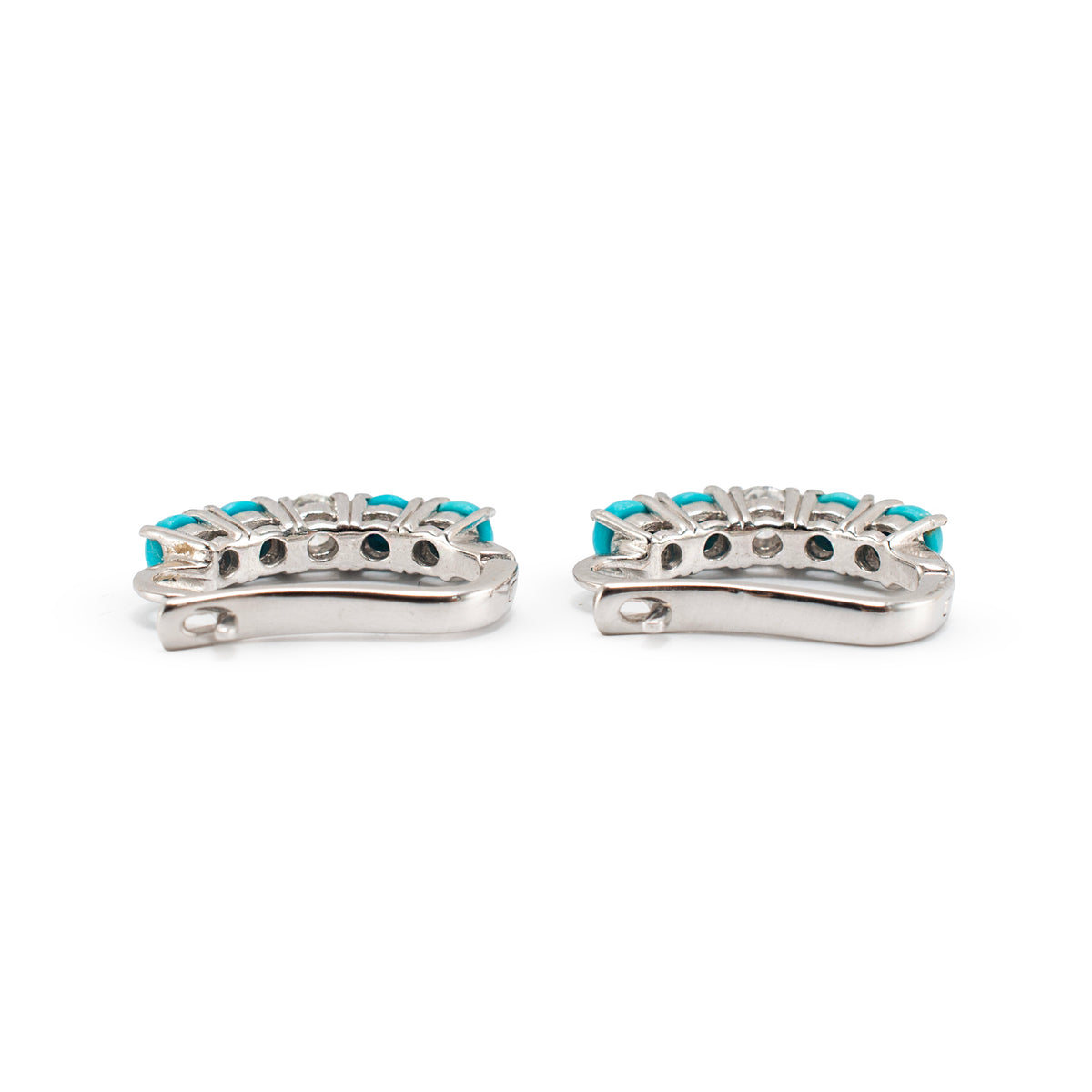 Ladies 18K White Gold 2.25ctw Diamond and Turqouise Huggie Hoops Earrings