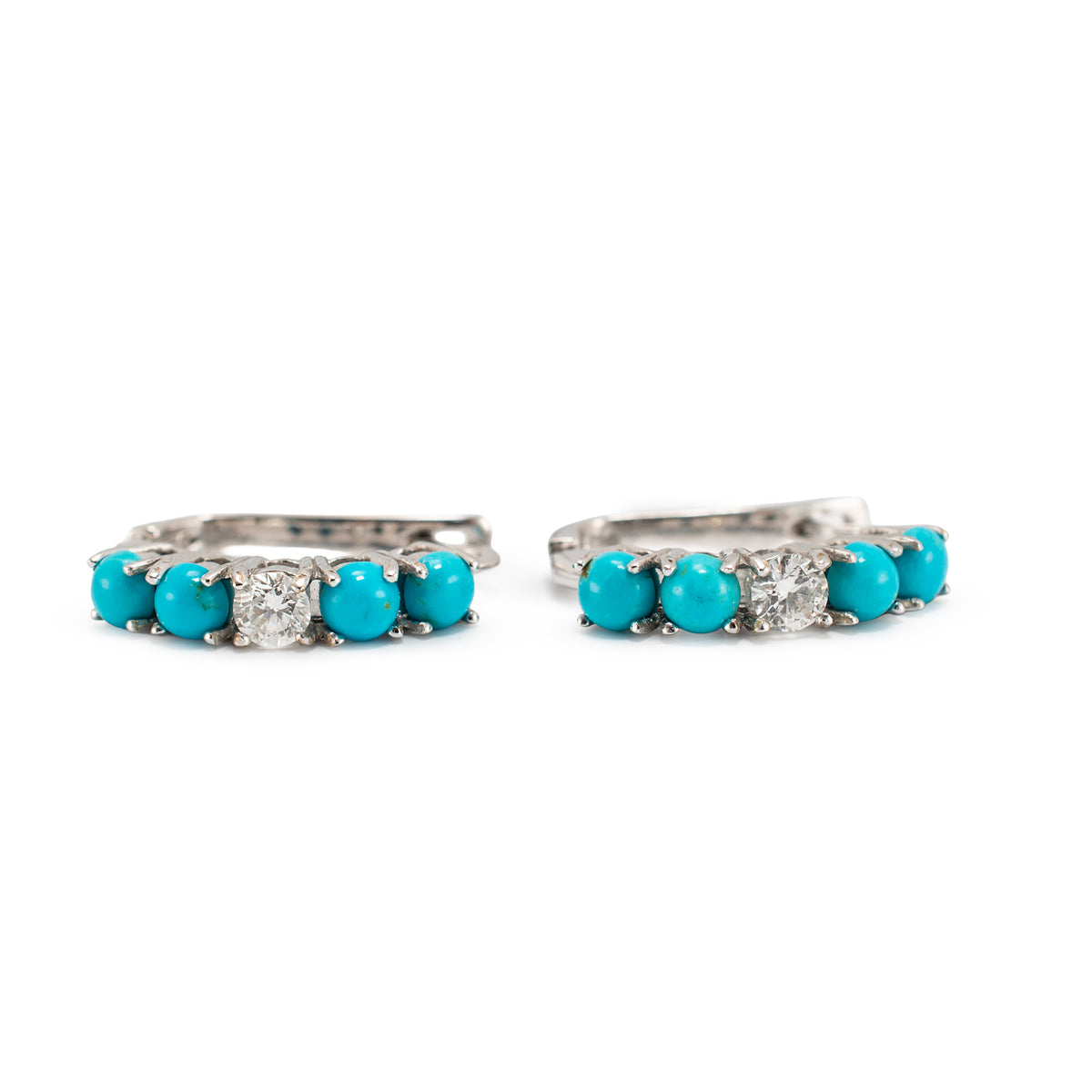 Ladies 18K White Gold 2.25ctw Diamond and Turqouise Huggie Hoops Earrings