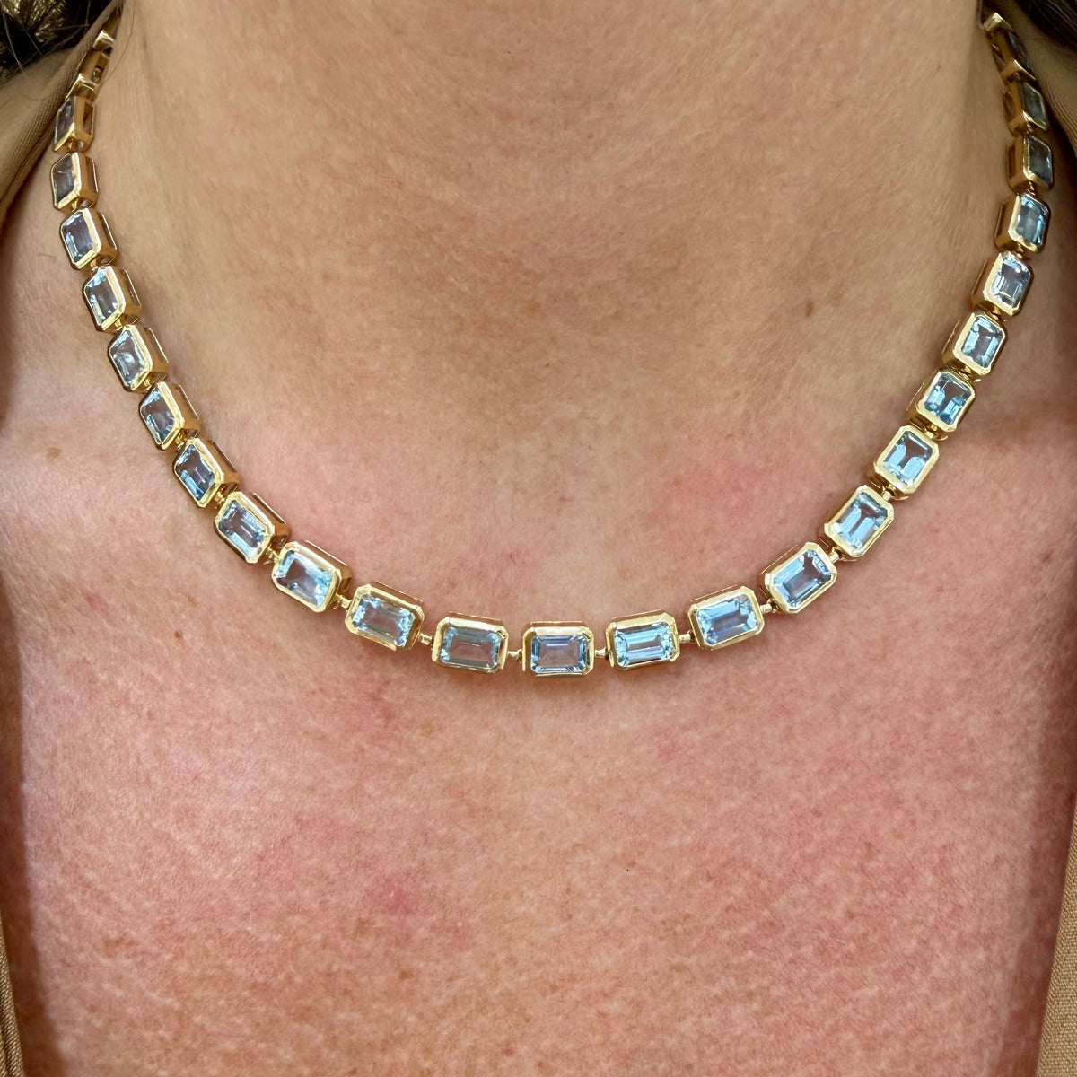 14K Yellow Gold 17.84ctw Bezeled Aquamarine Adjustable Tennis Chain Necklace