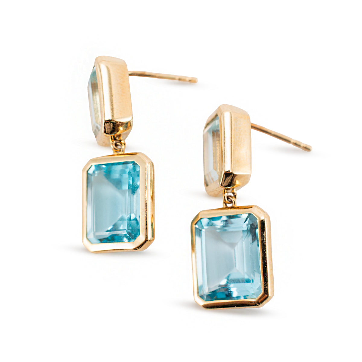 14K Yellow Gold 17.01ctw Bezel Set Emerald Cut Topaz Drop Dangle Earrings