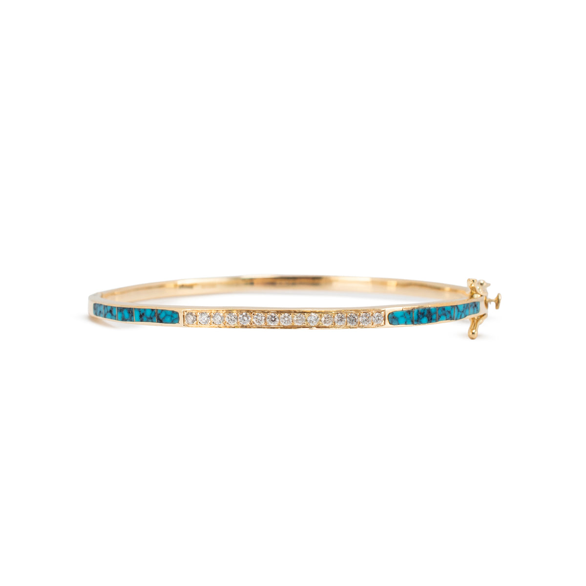 Ladies 14K Yellow Gold 1.27ctw Diamonds & Turquoise Hinged Bangle Bracelet