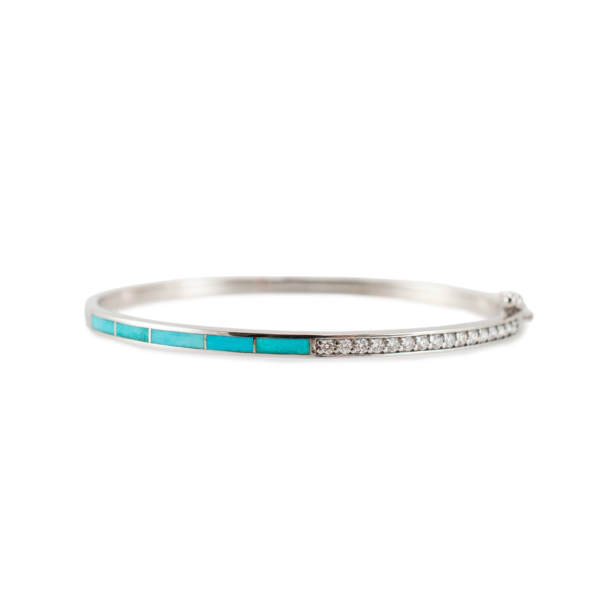 Ladies 14K White Gold 1.82ctw Diamonds & Turquoise Hinged Bangle Bracelet