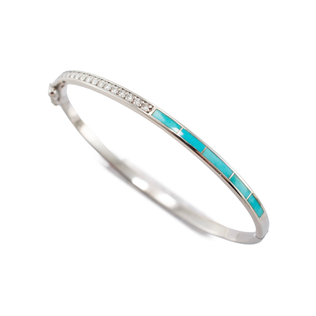 Ladies 14K White Gold 1.82ctw Diamonds & Turquoise Hinged Bangle Bracelet