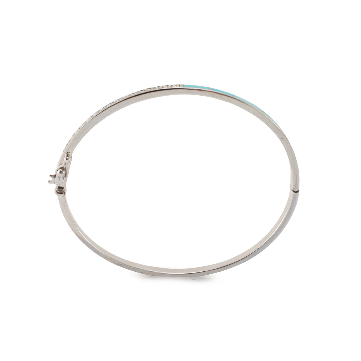 Ladies 14K White Gold 1.82ctw Diamonds & Turquoise Hinged Bangle Bracelet