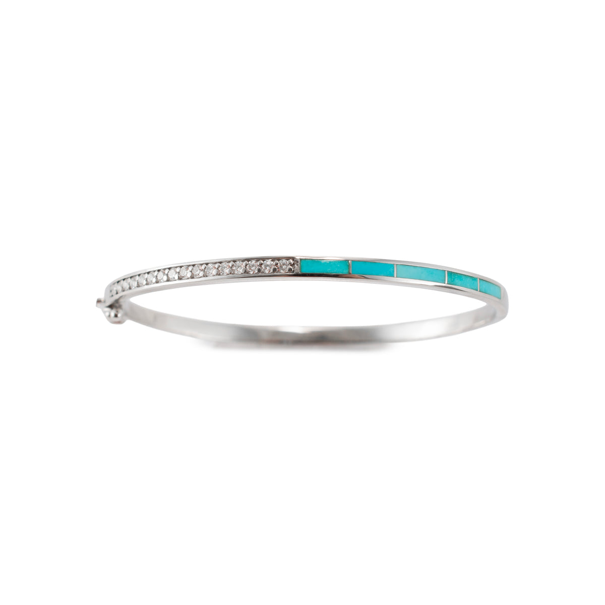 Ladies 14K White Gold 1.82ctw Diamonds & Turquoise Hinged Bangle Bracelet