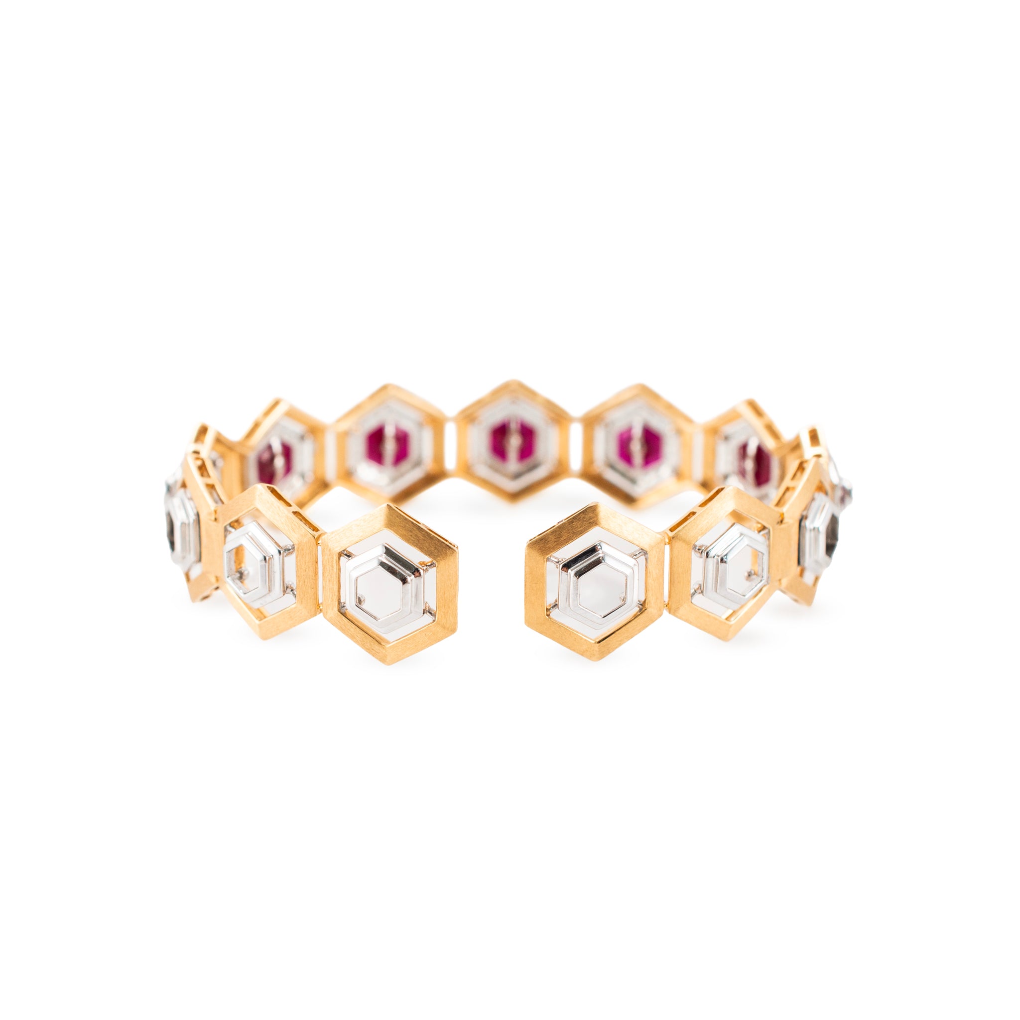 Vintage 18K Yellow & White Gold 1.58ctw Diamond Ruby Hexagon Bangle Bracelet