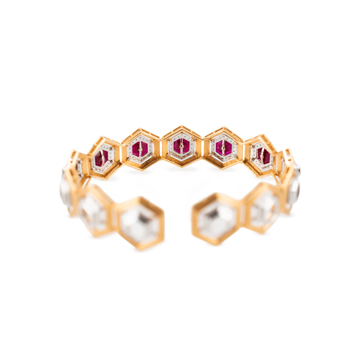 Vintage 18K Yellow & White Gold 1.58ctw Diamond Ruby Hexagon Bangle Bracelet