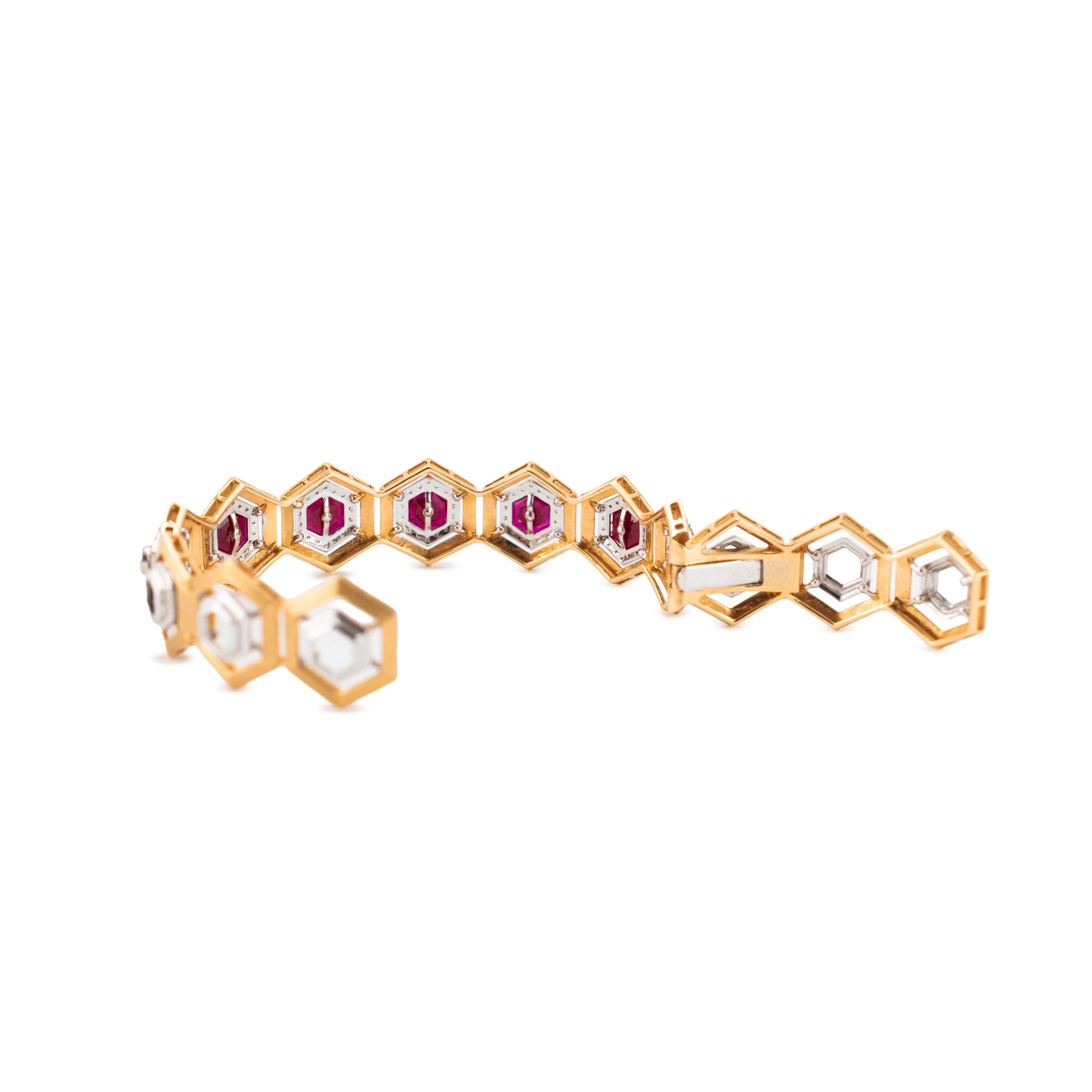 Vintage 18K Yellow & White Gold 1.58ctw Diamond Ruby Hexagon Bangle Bracelet