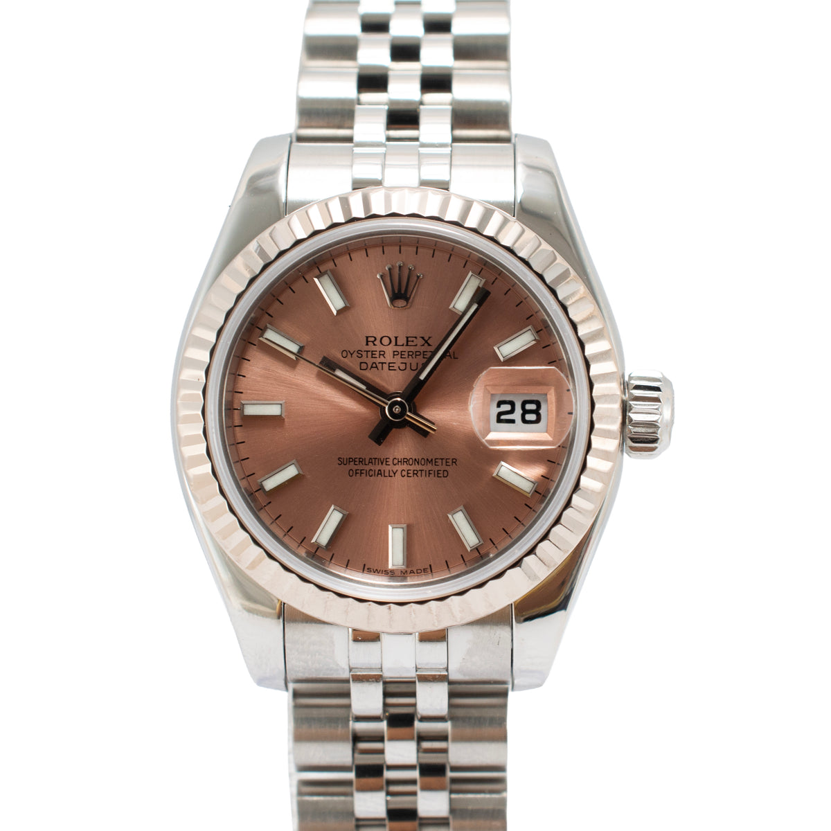 Ladies Rolex Datejust 26MM 179174 Pink Salmon Dial 18K White Gold Steel Watch