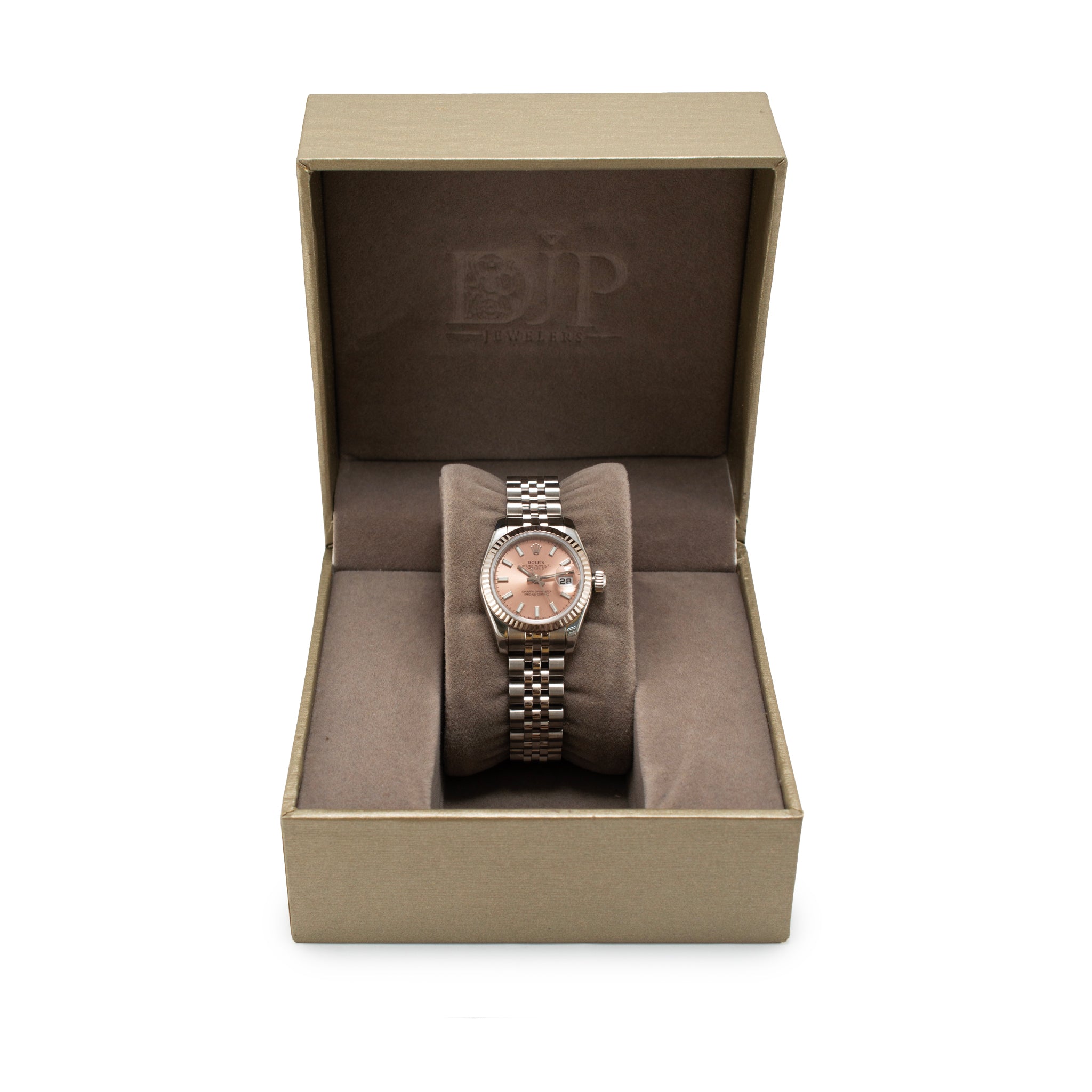 Ladies Rolex Datejust 26MM 179174 Pink Salmon Dial 18K White Gold Steel Watch