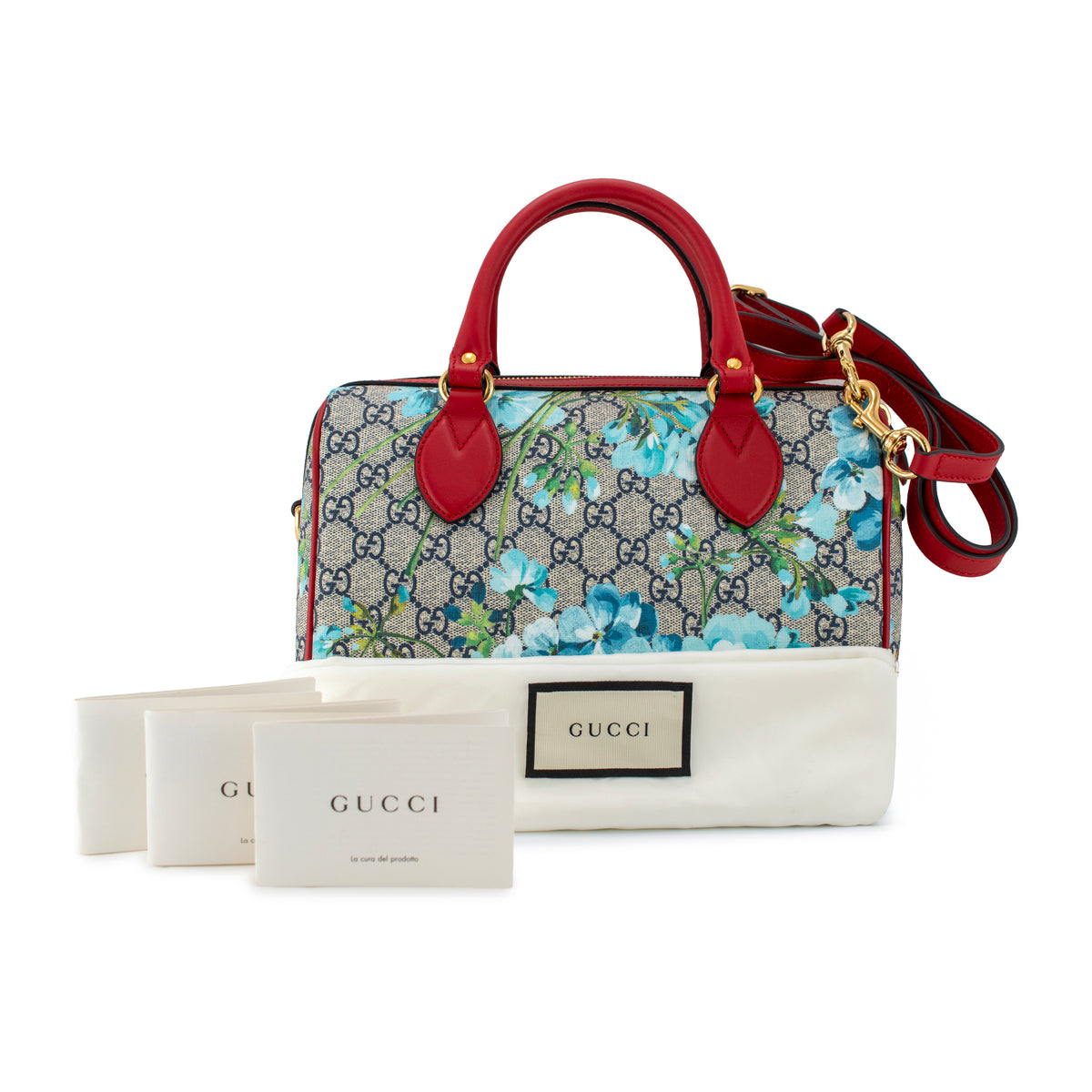 Gucci Gg Blooms Gg Supreme Floral Blue and Red Small Boston Shoulder Bag