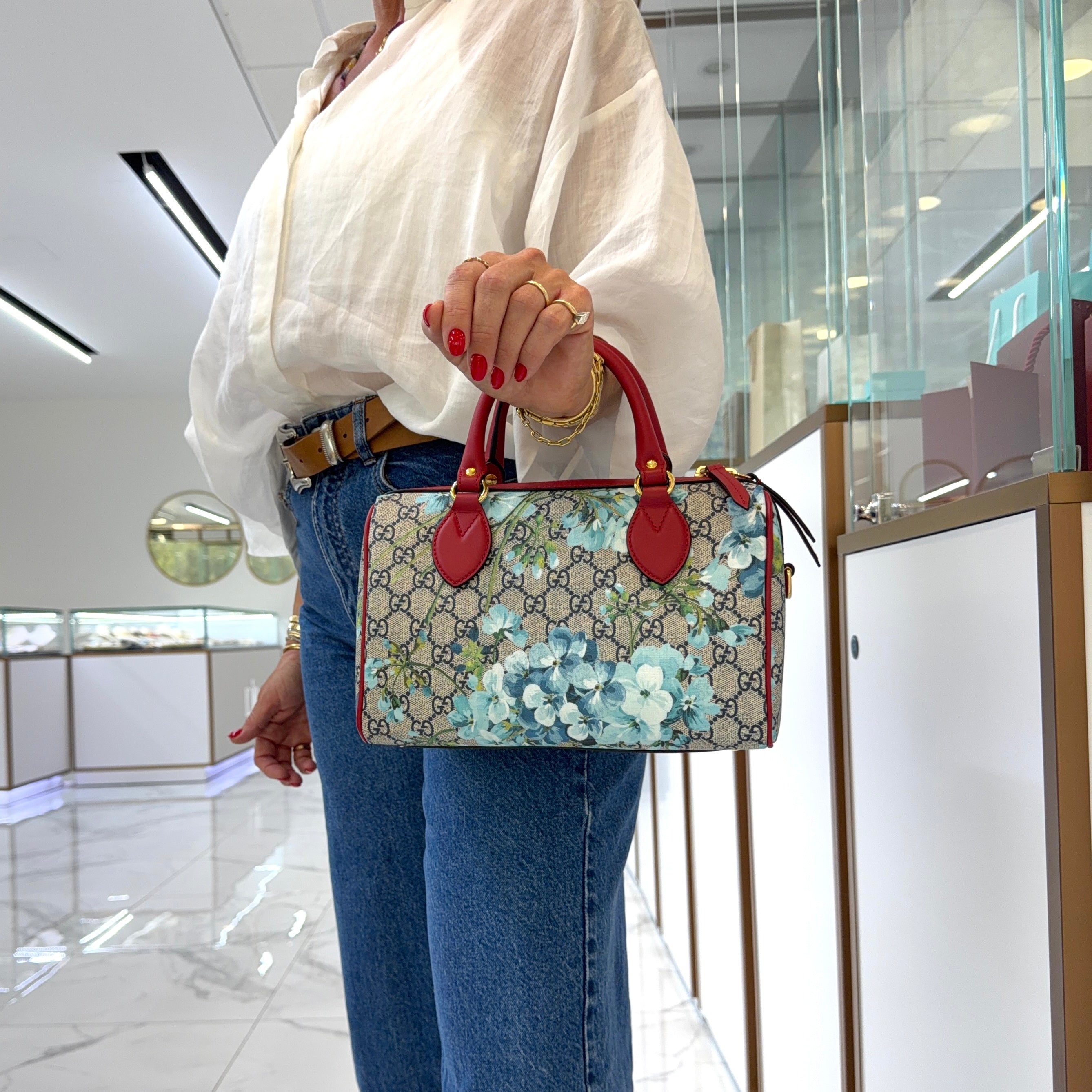 Gucci Gg Blooms Gg Supreme Floral Blue and Red Small Boston Shoulder Bag