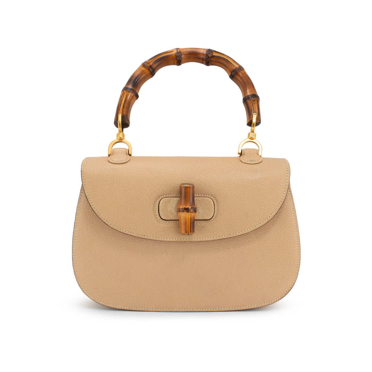 Gucci Bamboo 1947 Vintage Beige Leather Turn-Lock Top Handle Shoulder Bag