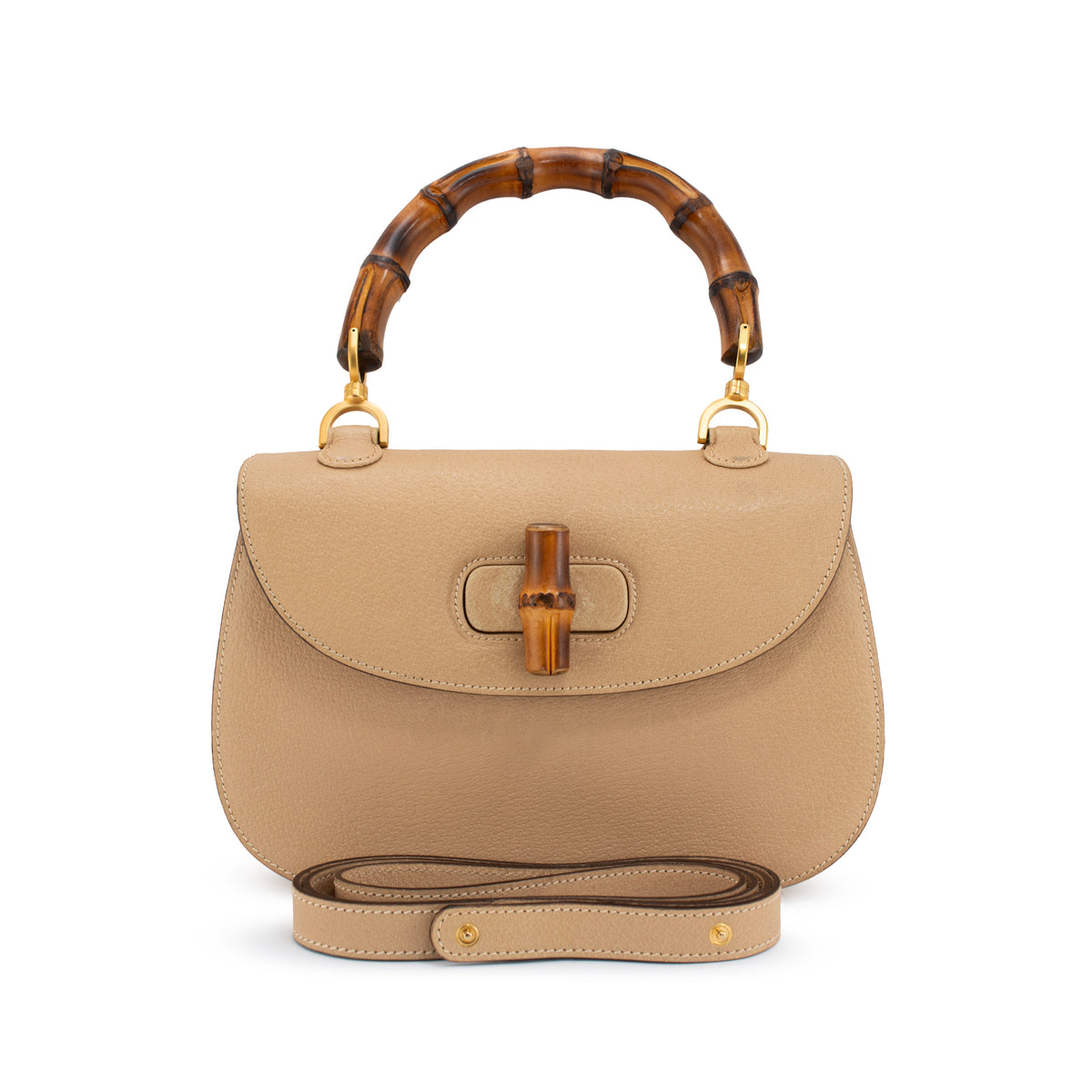 Gucci Bamboo 1947 Vintage Beige Leather Turn-Lock Top Handle Shoulder Bag