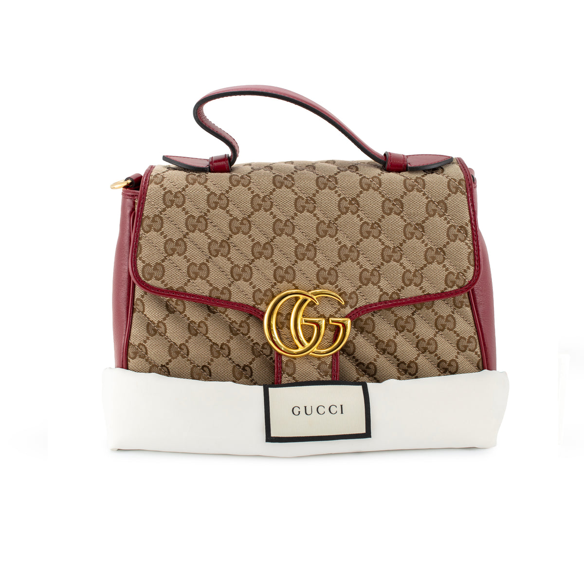 Gucci Gg Marmont Mini Beige Gg Canvas Red Leather Top Handle Bag