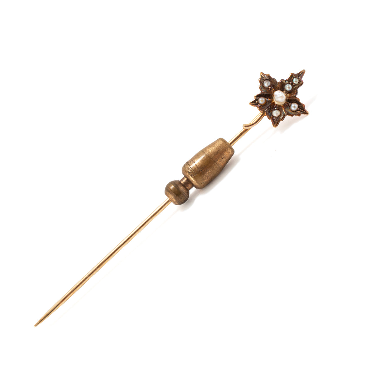 Antique Victorian 14K Yellow Gold Seed Pearls Floral Leaf Motif Stick PIN