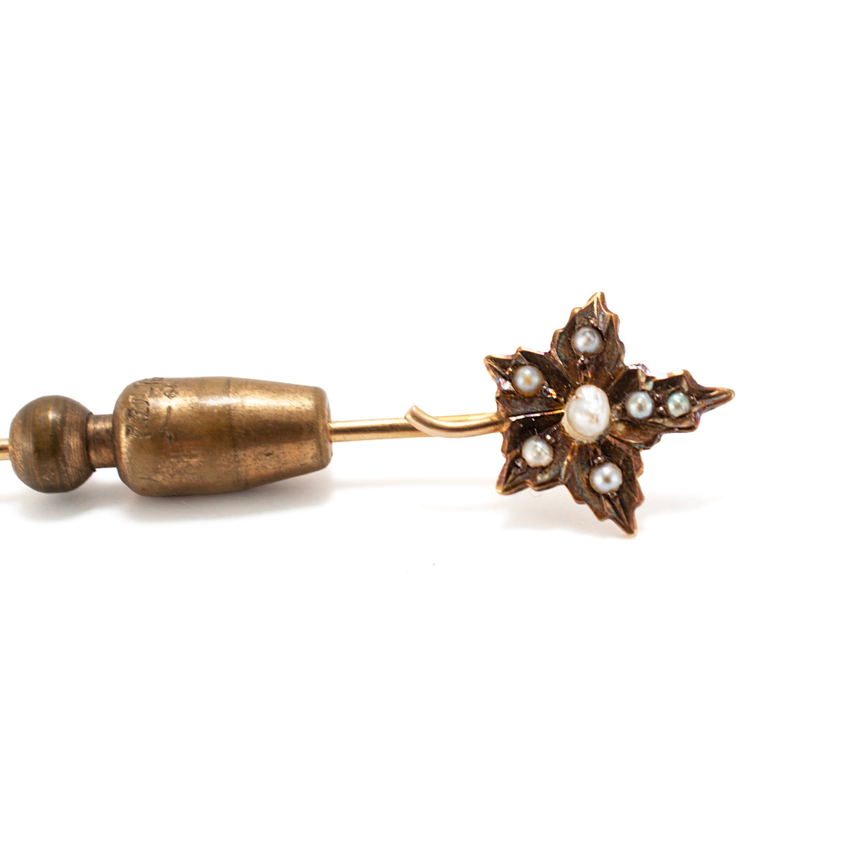 Antique Victorian 14K Yellow Gold Seed Pearls Floral Leaf Motif Stick PIN