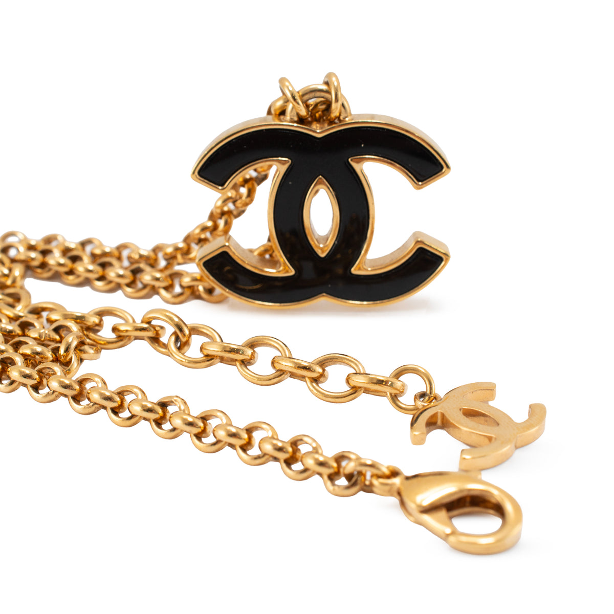 Chanel CC Gold Plated Black Enamel Rolo Chain Pendant Necklace