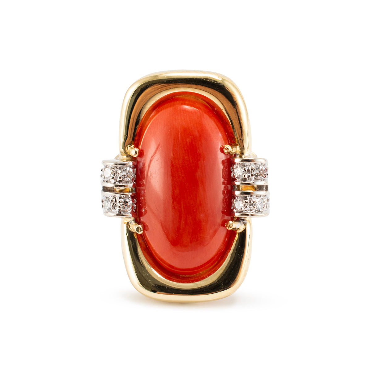 Vintage 18K Yellow Gold 3.84ctw Cabochon Salmon Coral Diamond Cocktail Ring