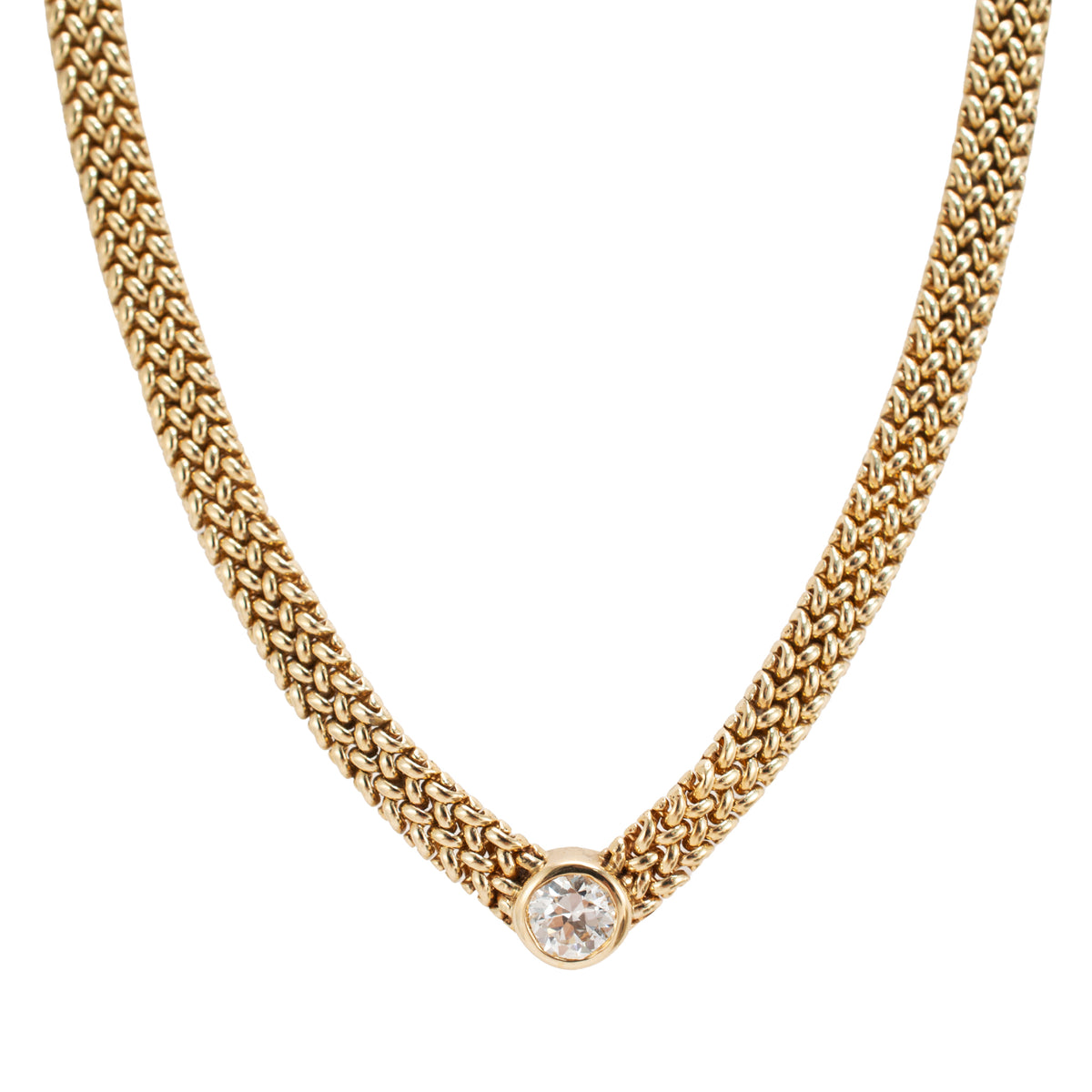 Vintage 14K Yellow Gold 0.86ct Diamond Solitaire Mesh Chocker Pendant Necklace