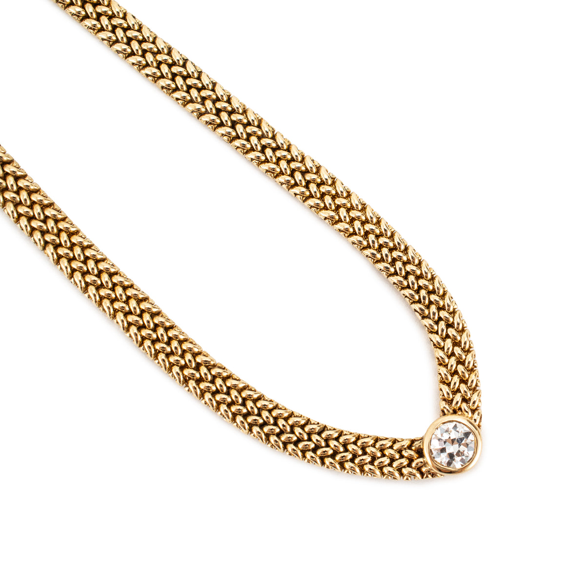 Vintage 14K Yellow Gold 0.86ct Diamond Solitaire Mesh Chocker Pendant Necklace