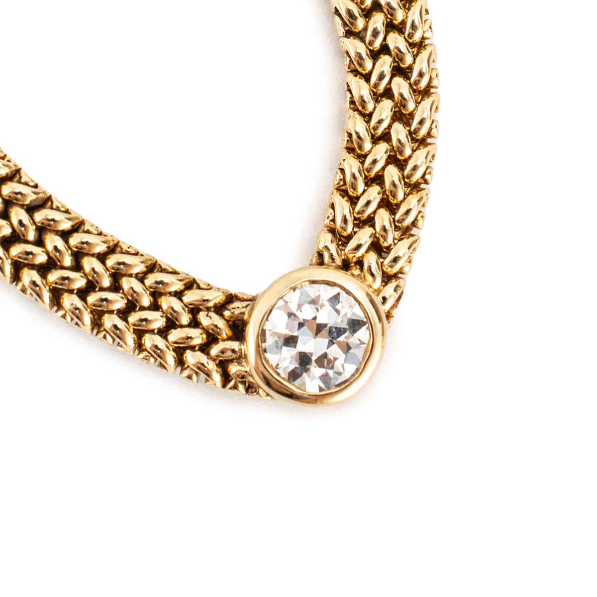 Vintage 14K Yellow Gold 0.86ct Diamond Solitaire Mesh Chocker Pendant Necklace