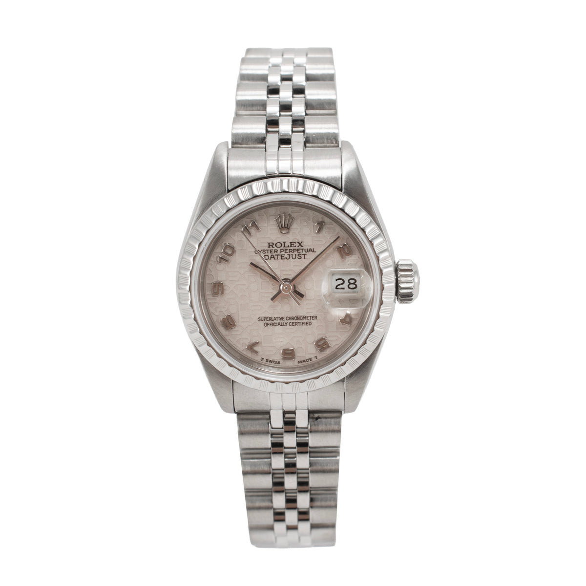 Ladies Rolex Oyster Perpetual Date 26MM 69240 Ivory Motif Jubilee Steel Watch