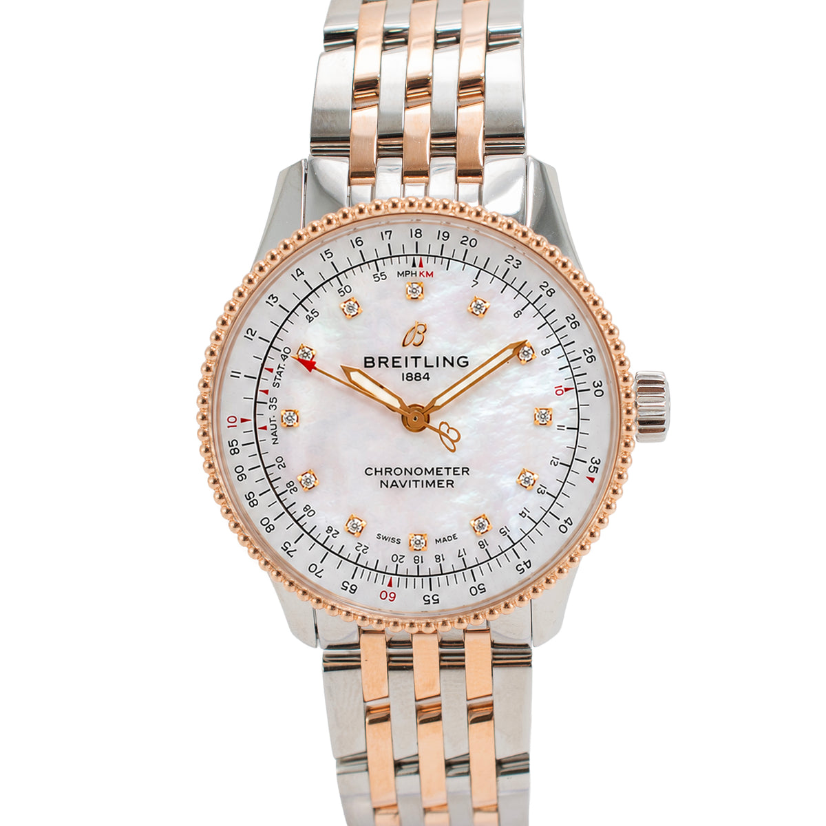 Ladies Breitling Navitimer 35MM U17395 Mop Dial 18K Rose Gold and Steel Watch