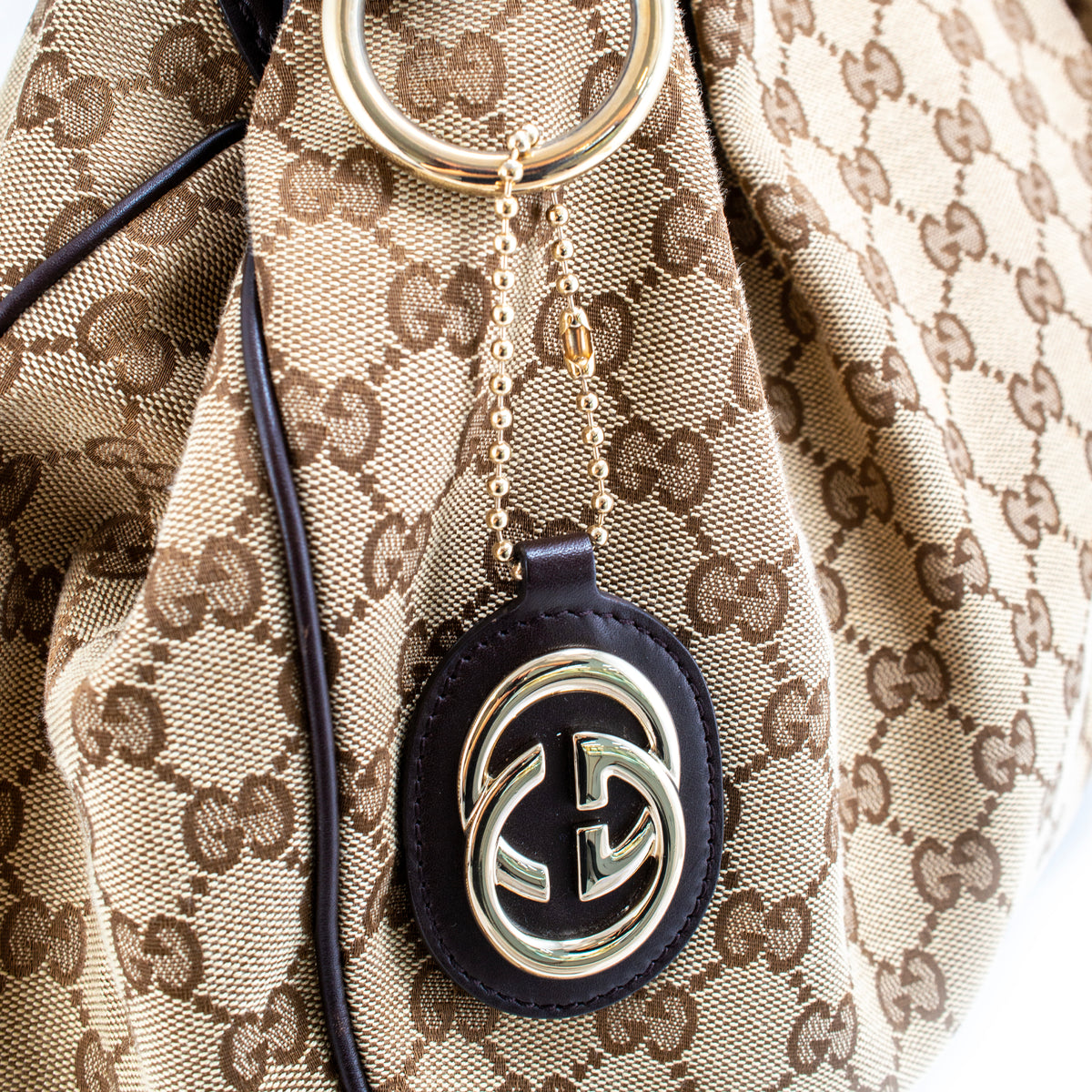 Gucci Sukey Beige Gg Canvas Brown Leather Gold-Tone Tote Bag